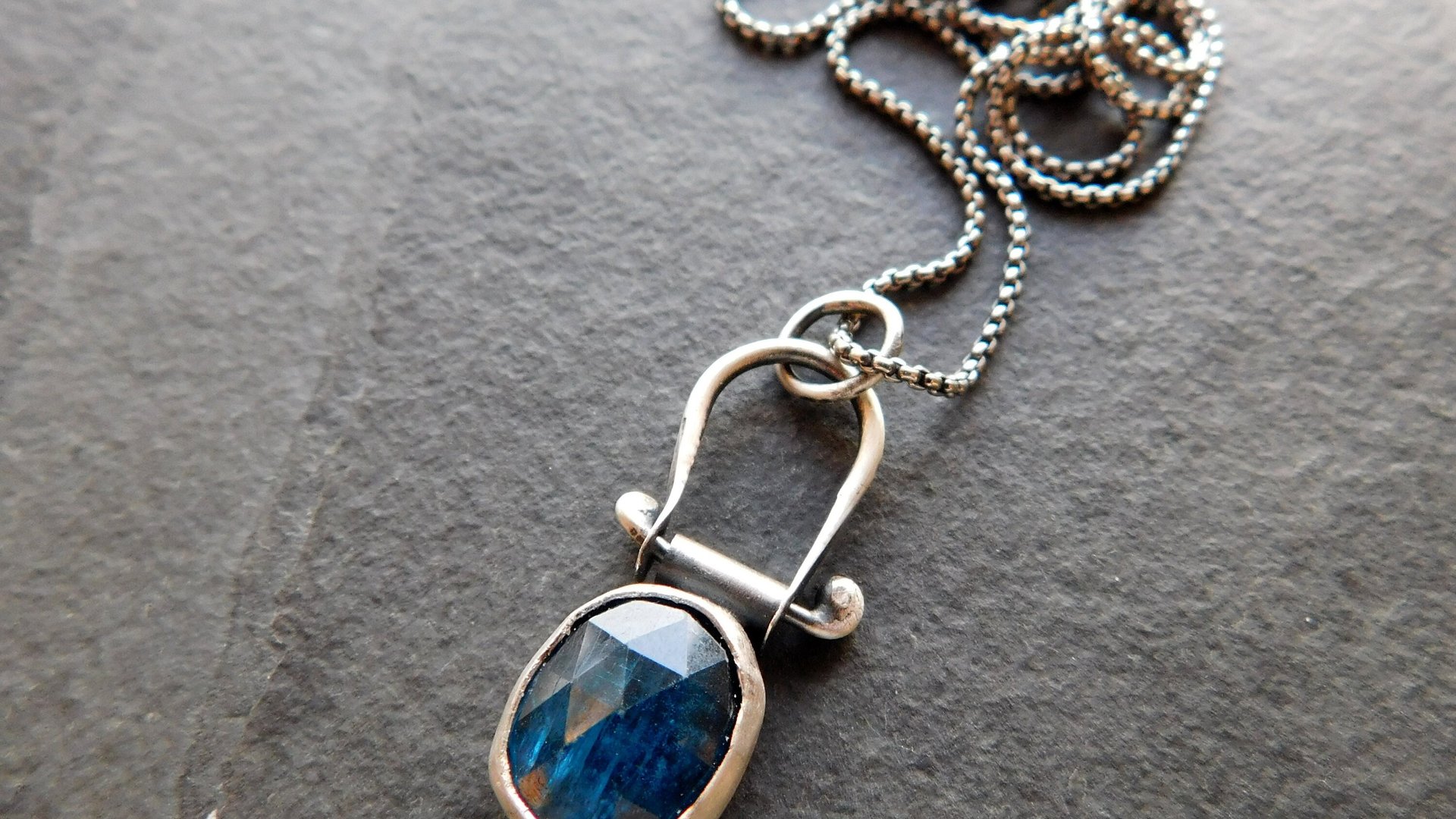 Neon Blue Rosecut Kyanite Oxidized Sterling Silver Hinge Pendant Necklace