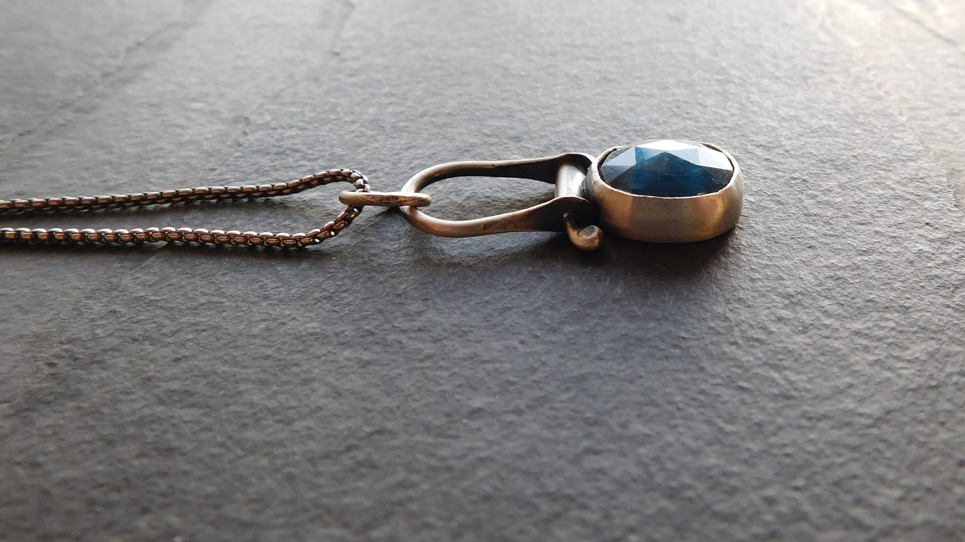 Neon Blue Rosecut Kyanite Oxidized Sterling Silver Hinge Pendant Necklace