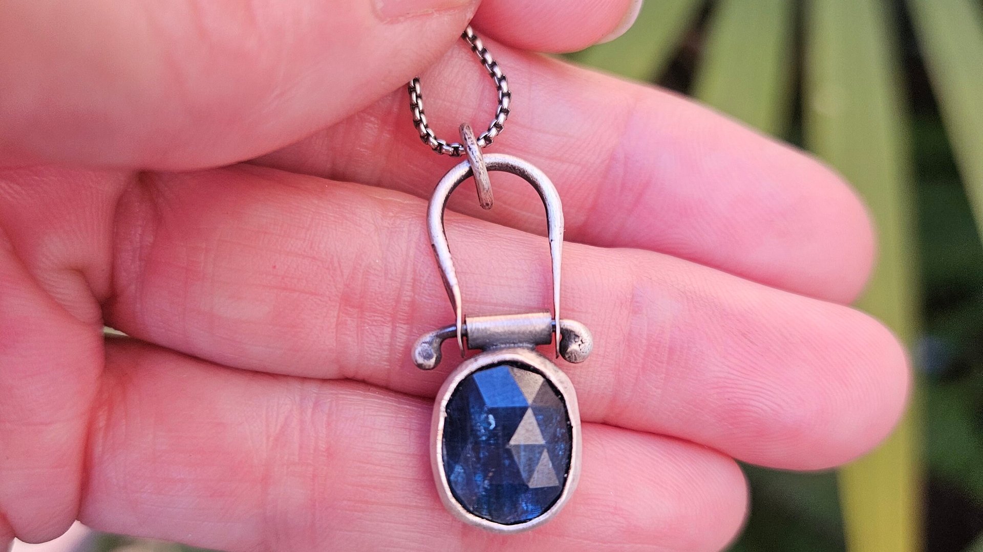 Neon Blue Rosecut Kyanite Oxidized Sterling Silver Hinge Pendant Necklace