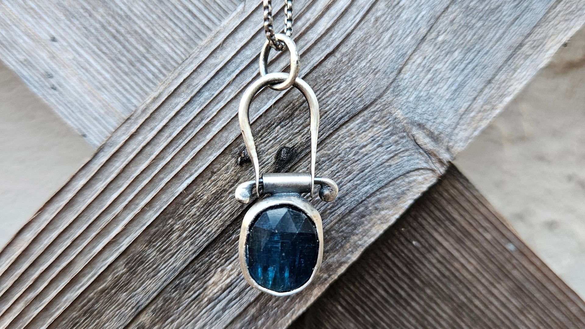 Neon Blue Rosecut Kyanite Oxidized Sterling Silver Hinge Pendant Necklace