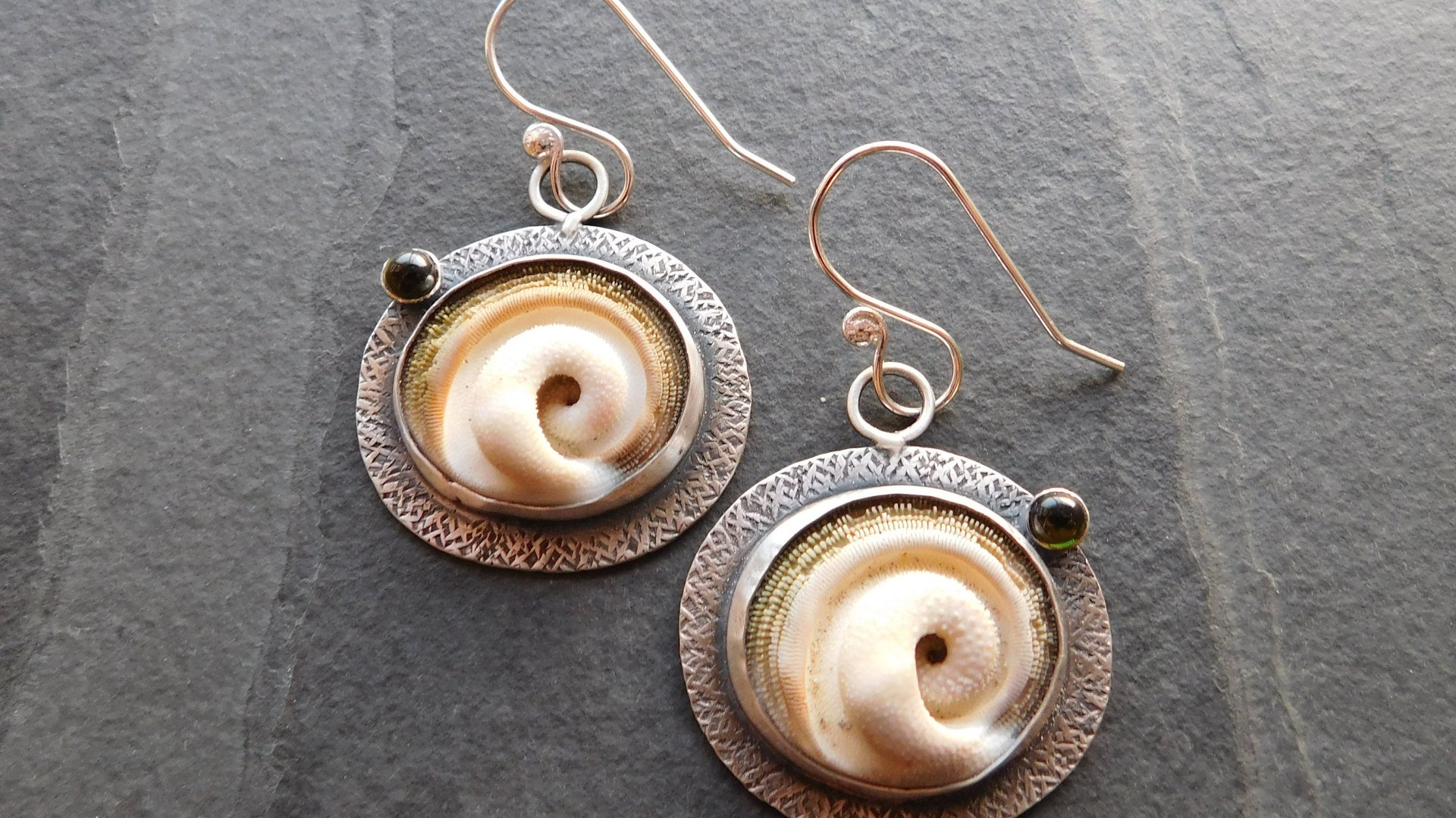 Operculum Shell Dark Green Tourmaline Textured Sterling Silver Dangle Earrings