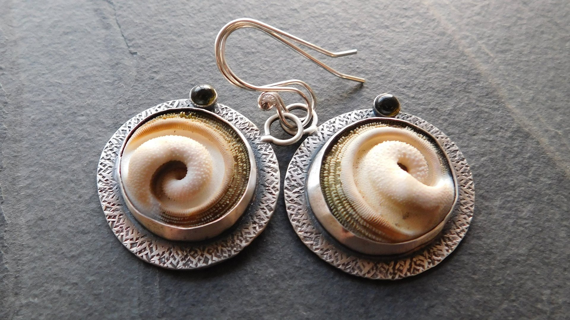 Operculum Shell Dark Green Tourmaline Textured Sterling Silver Dangle Earrings