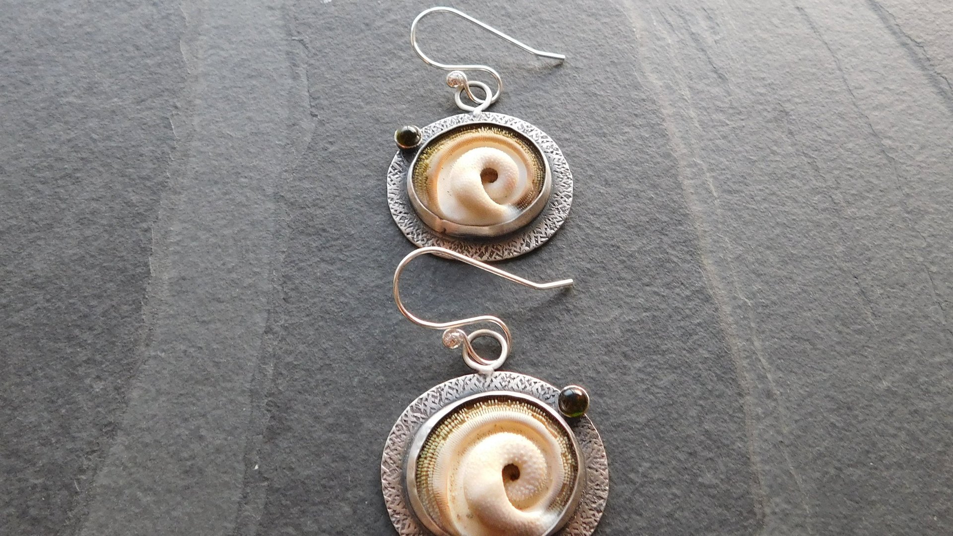Operculum Shell Dark Green Tourmaline Textured Sterling Silver Dangle Earrings