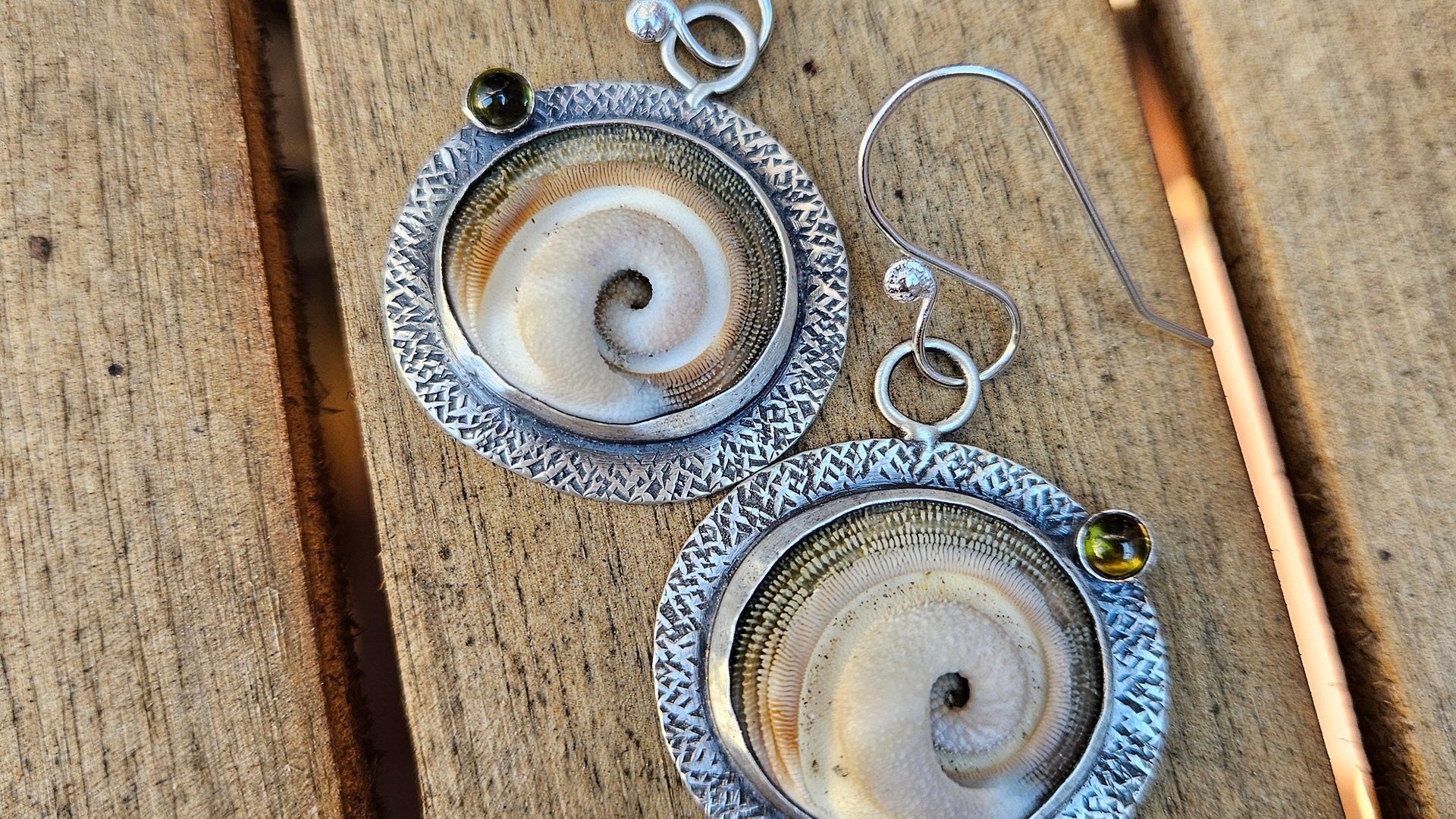 Operculum Shell Dark Green Tourmaline Textured Sterling Silver Dangle Earrings