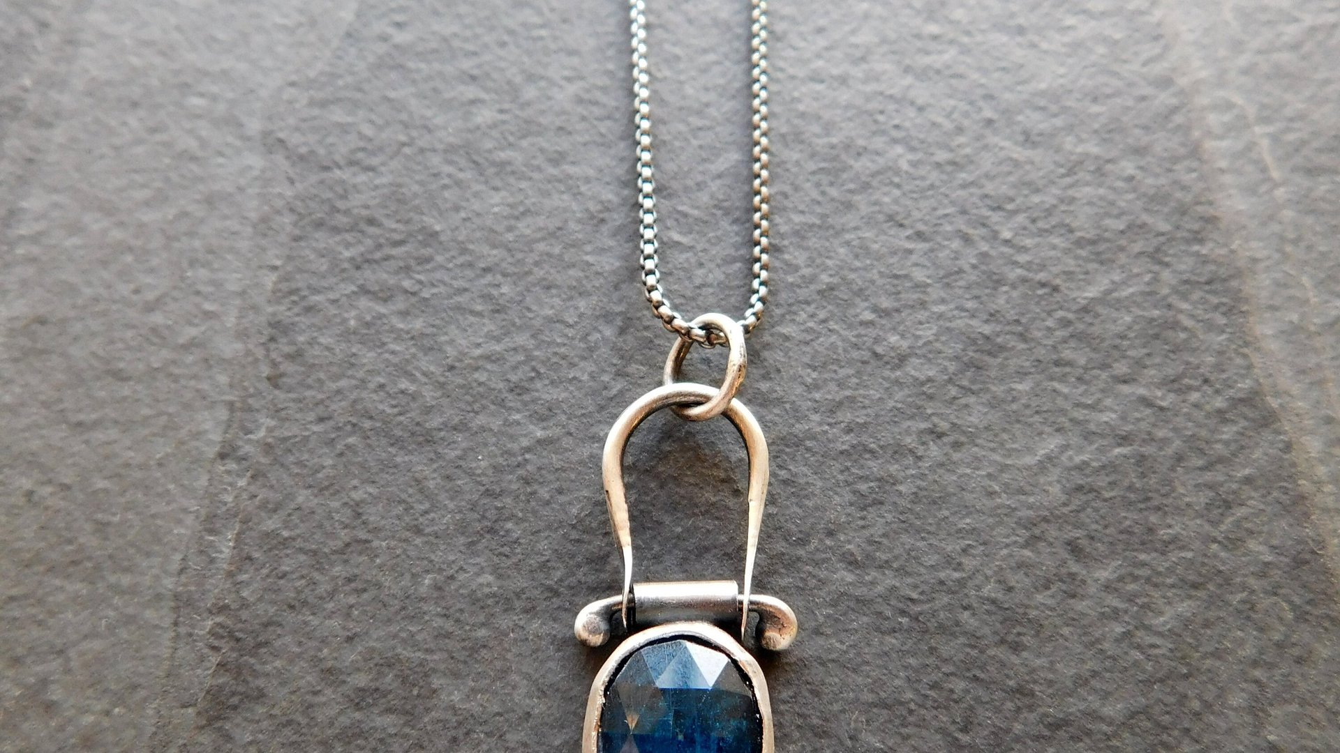 Neon Blue Rosecut Kyanite Oxidized Sterling Silver Hinge Pendant Necklace