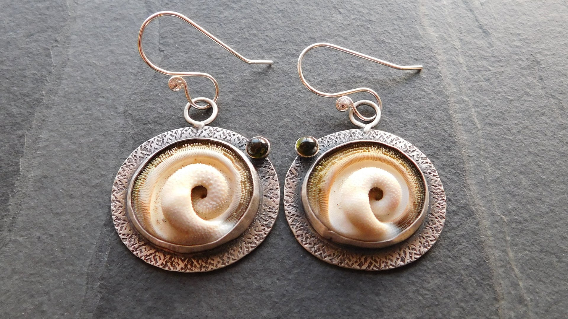 Operculum Shell Dark Green Tourmaline Textured Sterling Silver Dangle Earrings