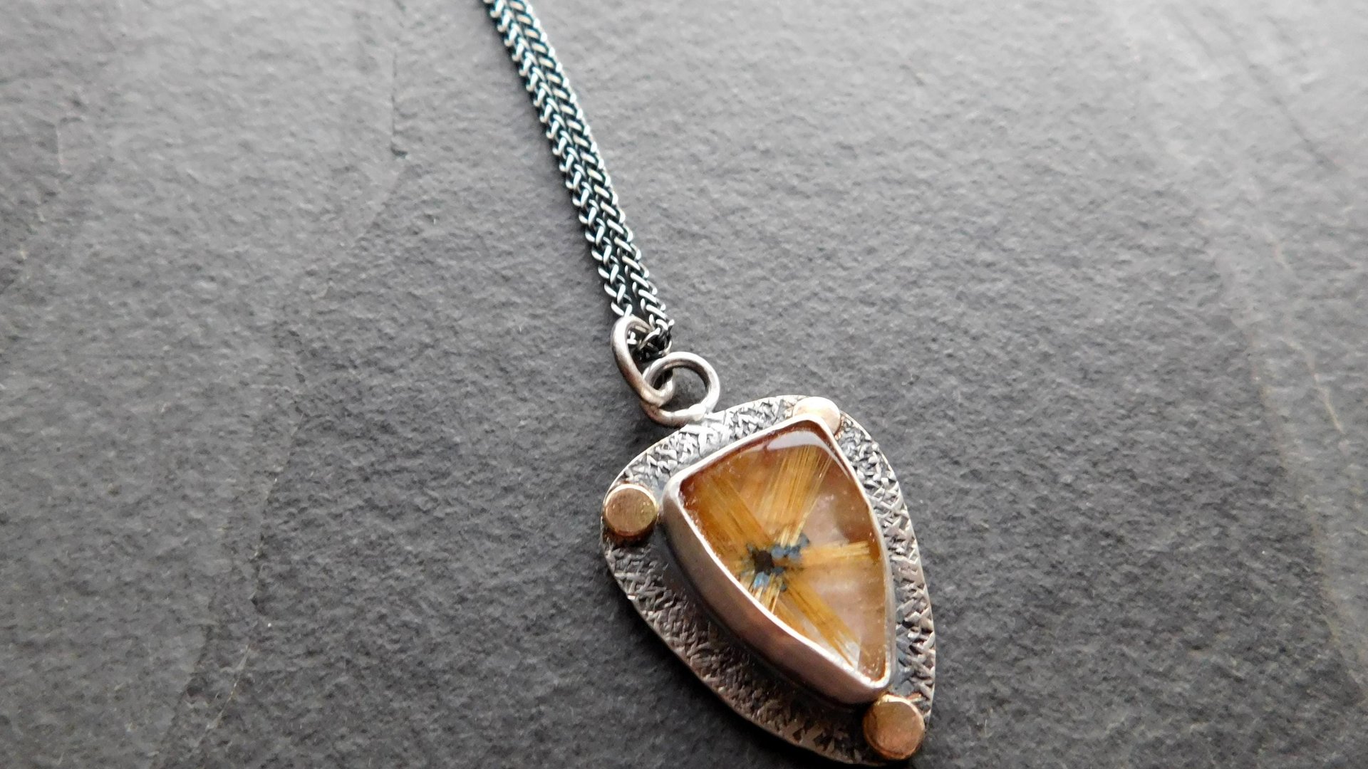 Golden Star Rutilated Quartz Textured Sterling Silver 14K Gold Shield Pendant Necklace