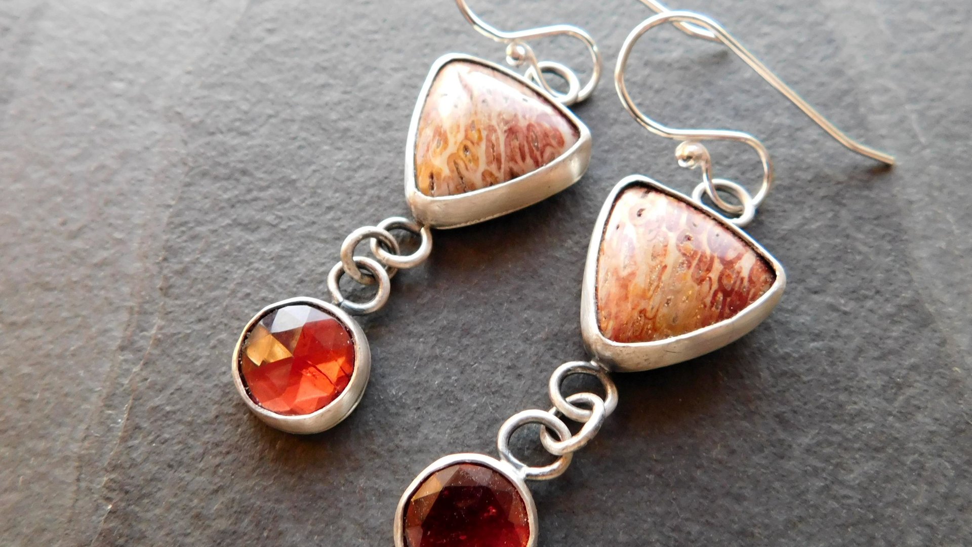 Rust Red Gold Petrified Fern Stones Garnet Dangles Oxidized Sterling Silver Earrings