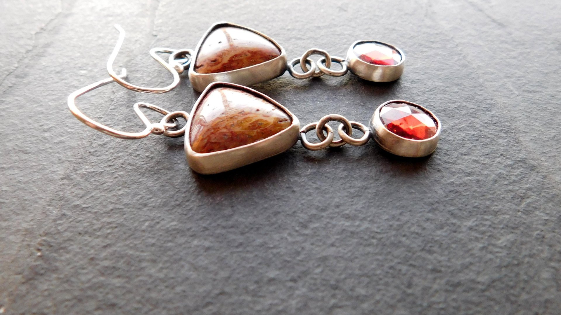 Rust Red Gold Petrified Fern Stones Garnet Dangles Oxidized Sterling Silver Earrings