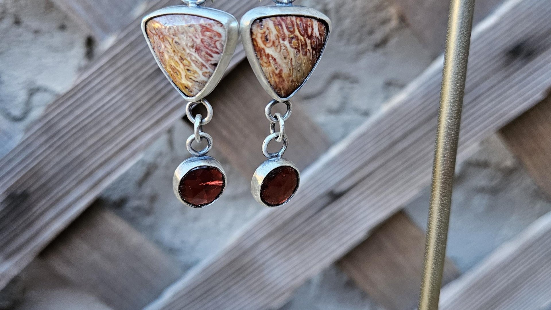 Rust Red Gold Petrified Fern Stones Garnet Dangles Oxidized Sterling Silver Earrings