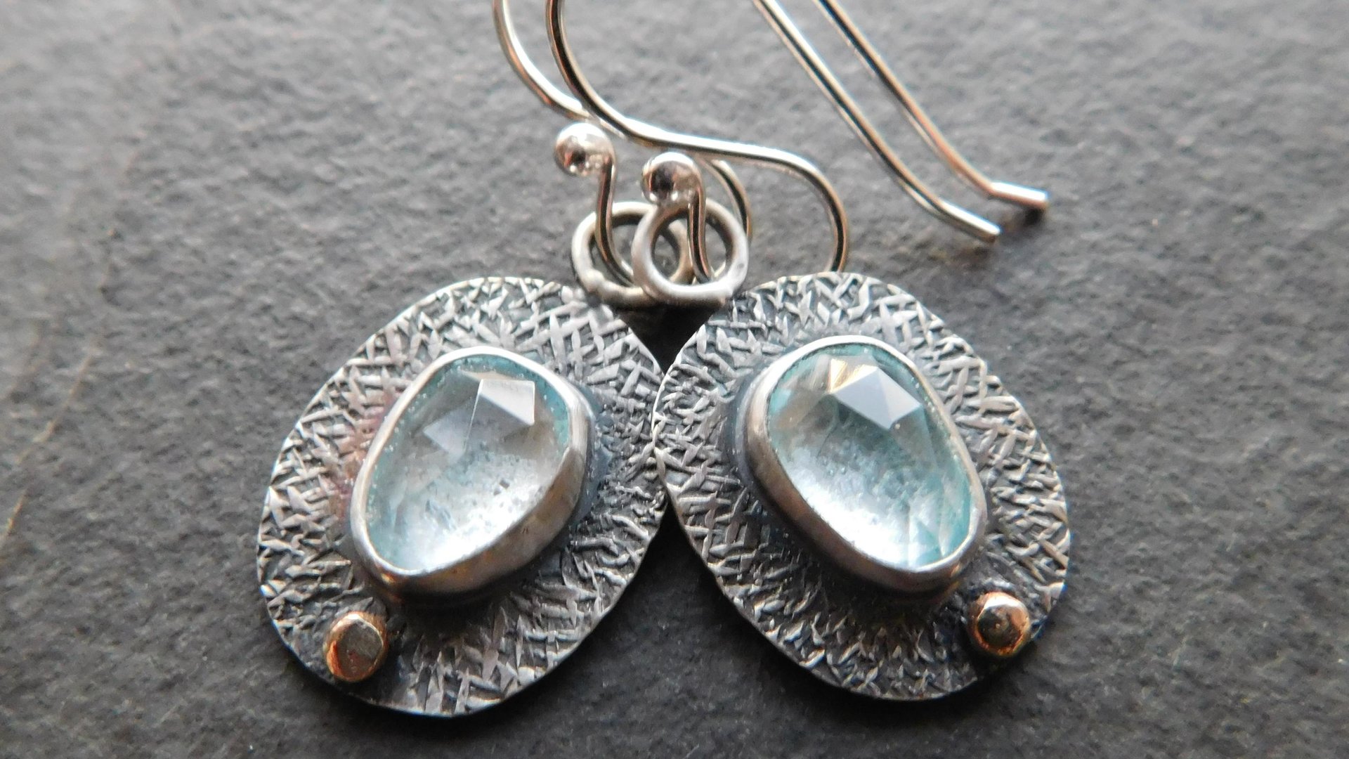 Pale Blue Aquamarine Textured Sterling Silver 14K Gold Lightweight Everyday Dangle Earrings
