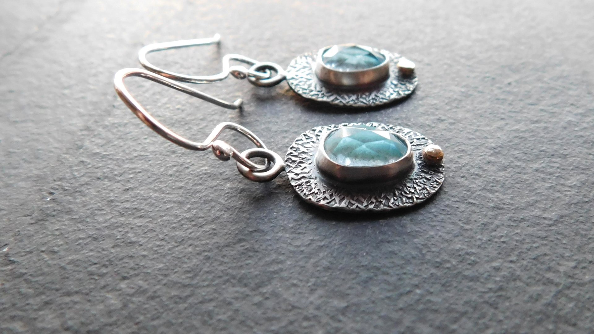 Pale Blue Aquamarine Textured Sterling Silver 14K Gold Lightweight Everyday Dangle Earrings