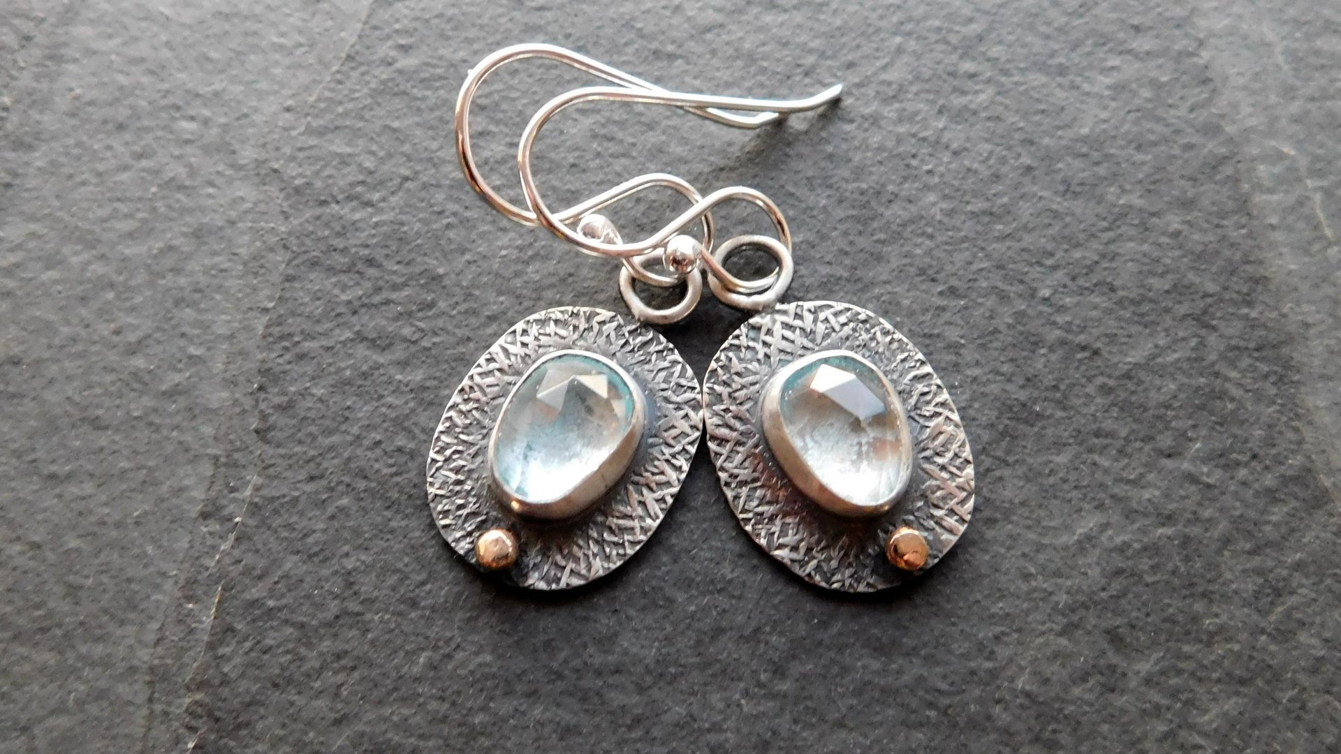 Pale Blue Aquamarine Textured Sterling Silver 14K Gold Lightweight Everyday Dangle Earrings