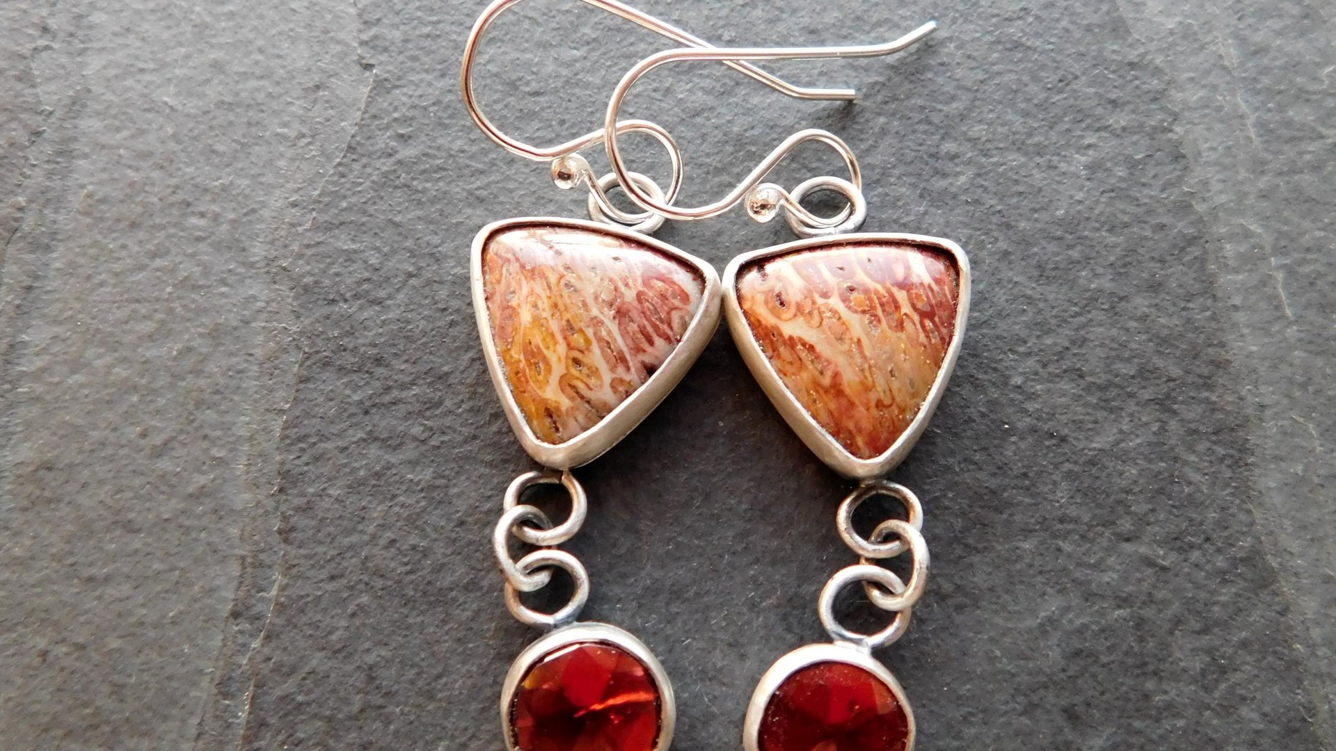 Rust Red Gold Petrified Fern Stones Garnet Dangles Oxidized Sterling Silver Earrings