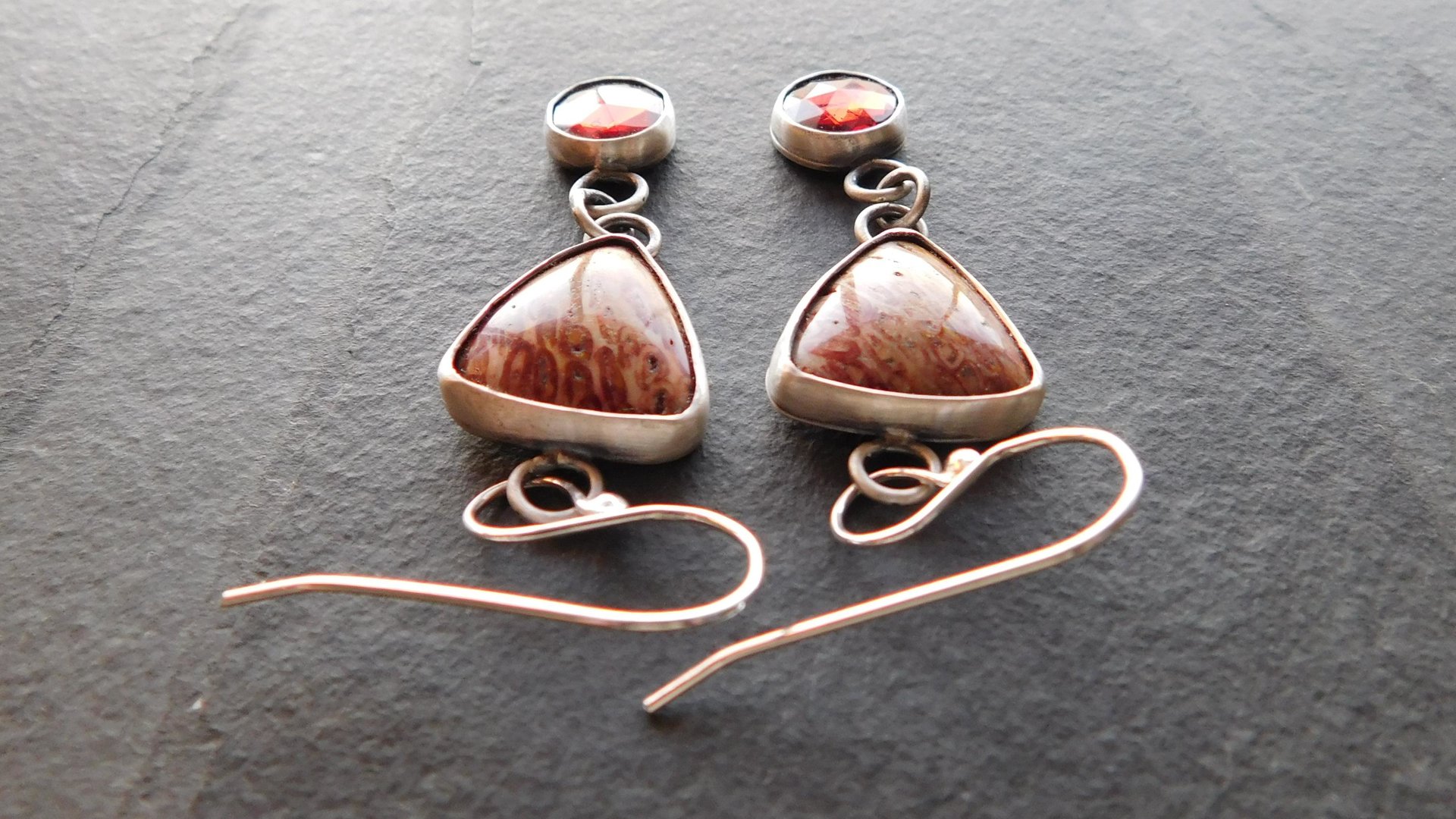 Rust Red Gold Petrified Fern Stones Garnet Dangles Oxidized Sterling Silver Earrings