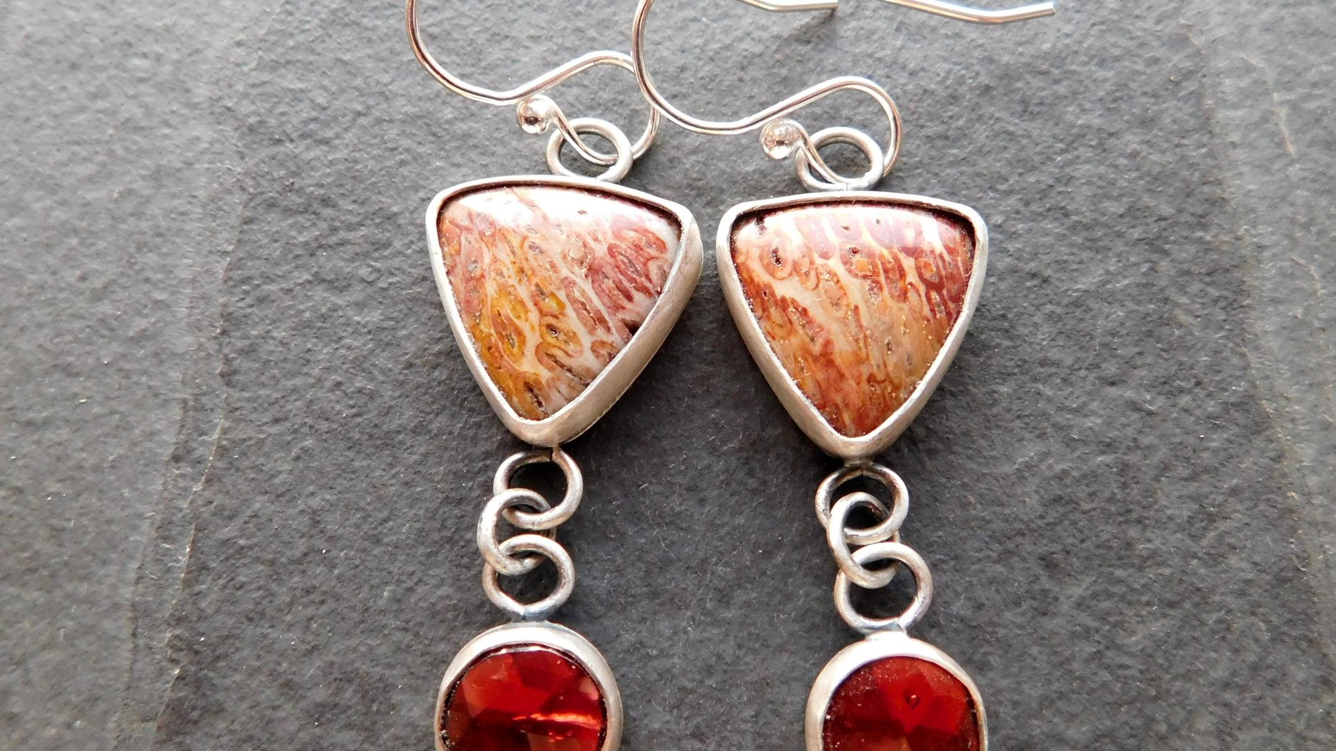 Rust Red Gold Petrified Fern Stones Garnet Dangles Oxidized Sterling Silver Earrings