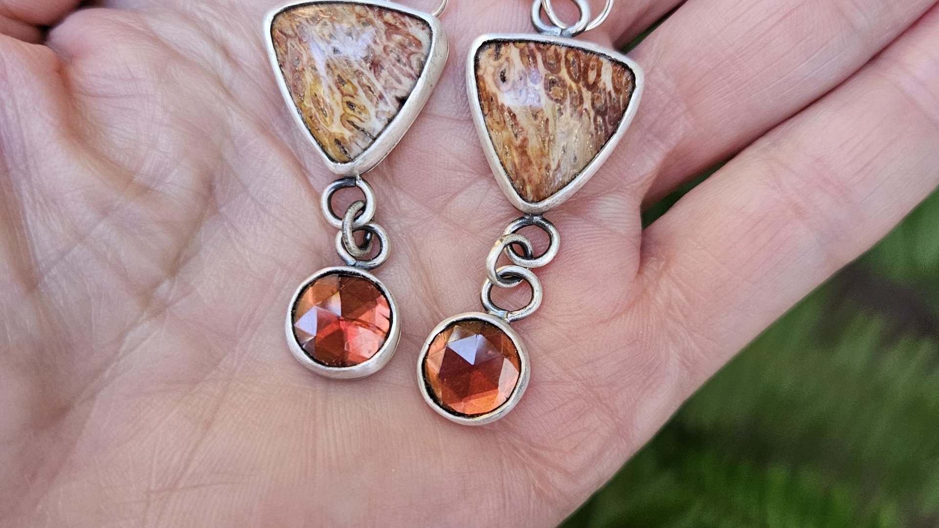 Rust Red Gold Petrified Fern Stones Garnet Dangles Oxidized Sterling Silver Earrings