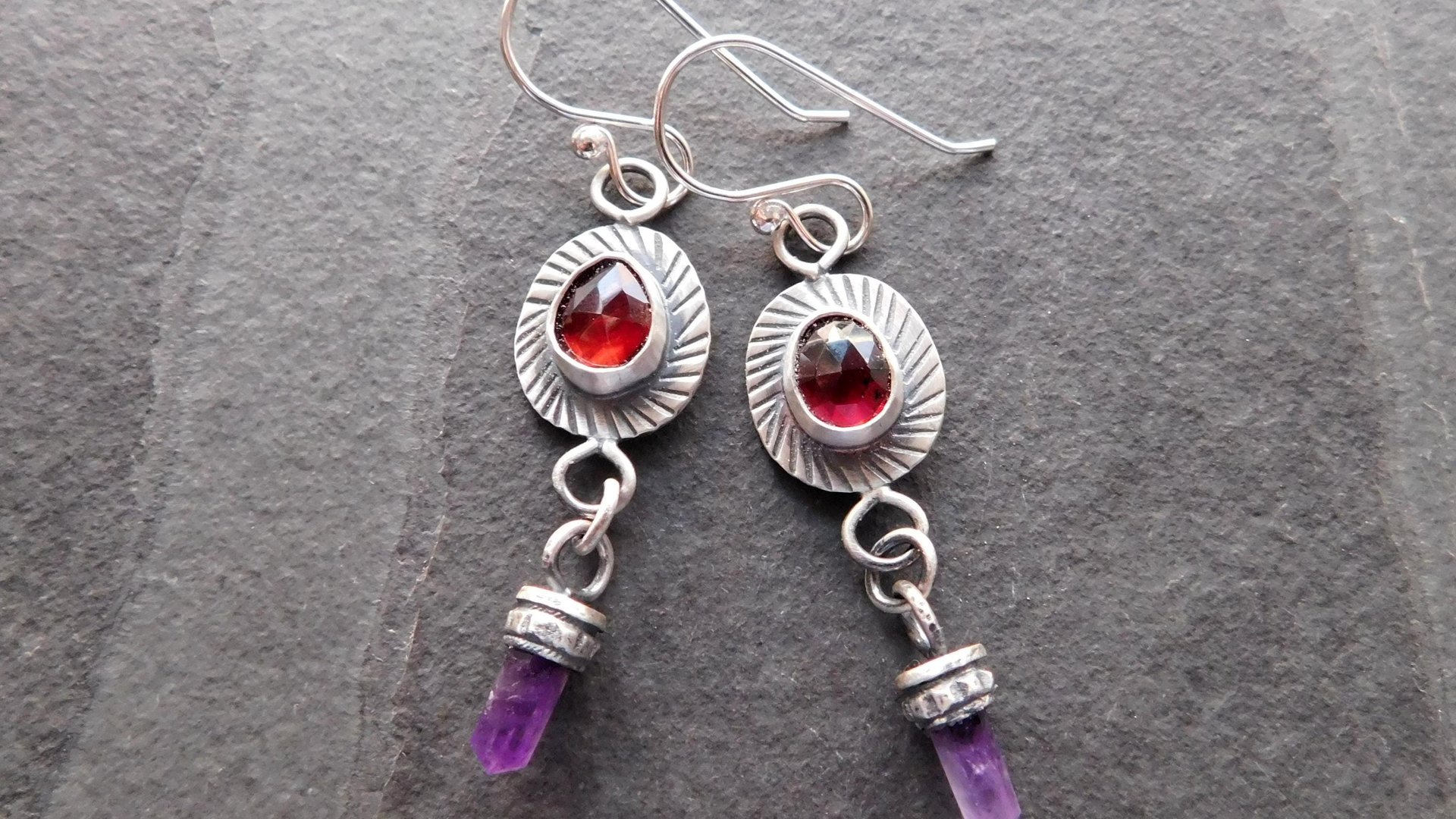 Deep Red Rosecut Garnet Tiny Amethyst Quartz Crystal Point Stamped Sterling Silver Multi Stone Dangle Earrings