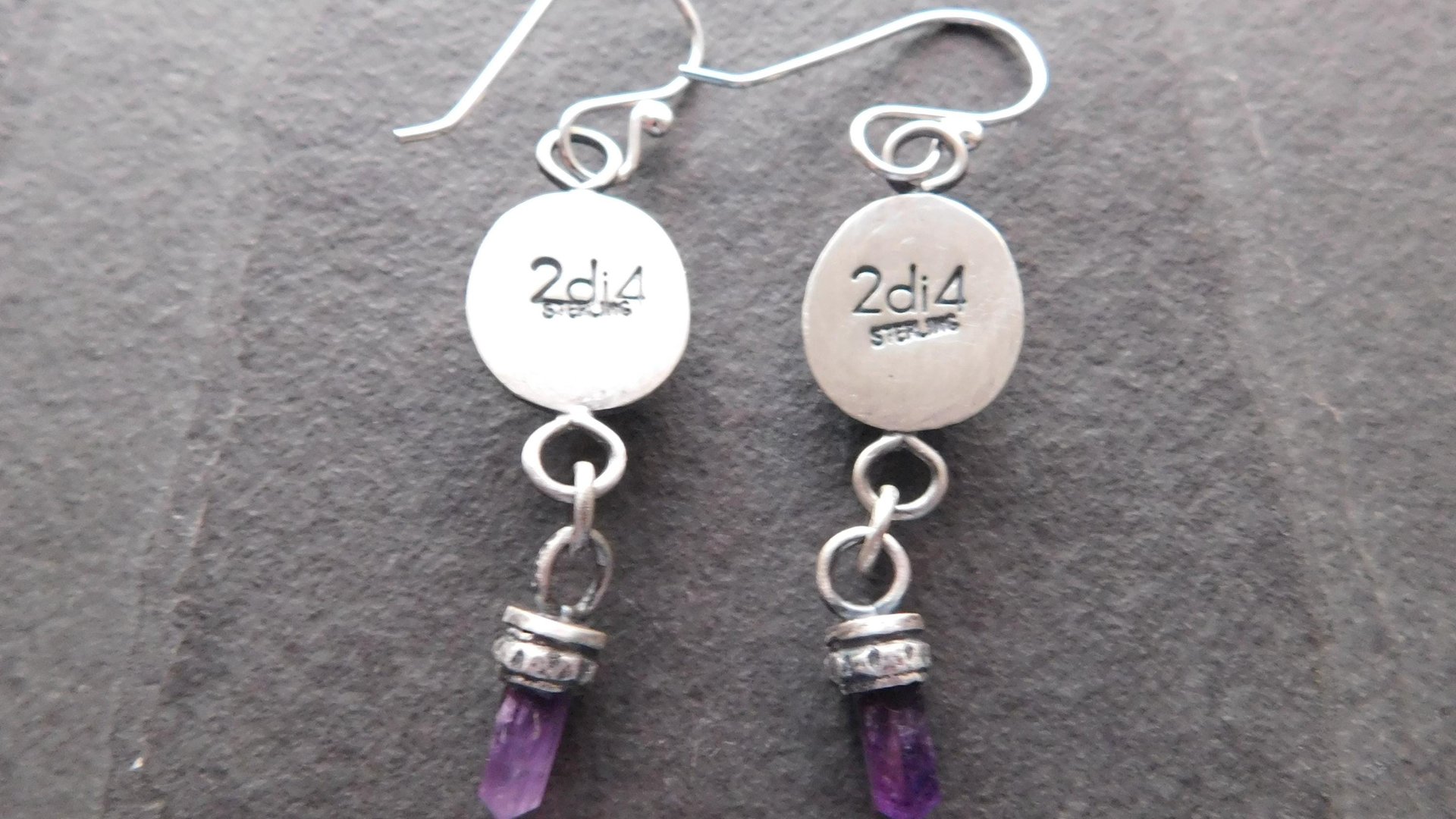 Deep Red Rosecut Garnet Tiny Amethyst Quartz Crystal Point Stamped Sterling Silver Multi Stone Dangle Earrings