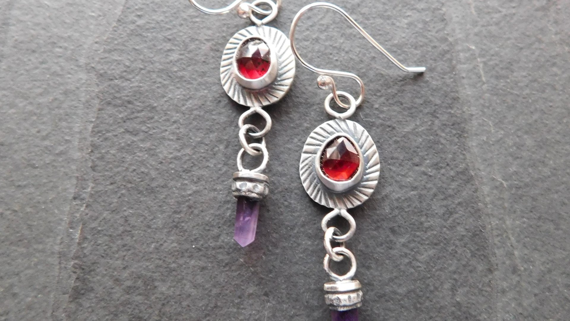 Deep Red Rosecut Garnet Tiny Amethyst Quartz Crystal Point Stamped Sterling Silver Multi Stone Dangle Earrings