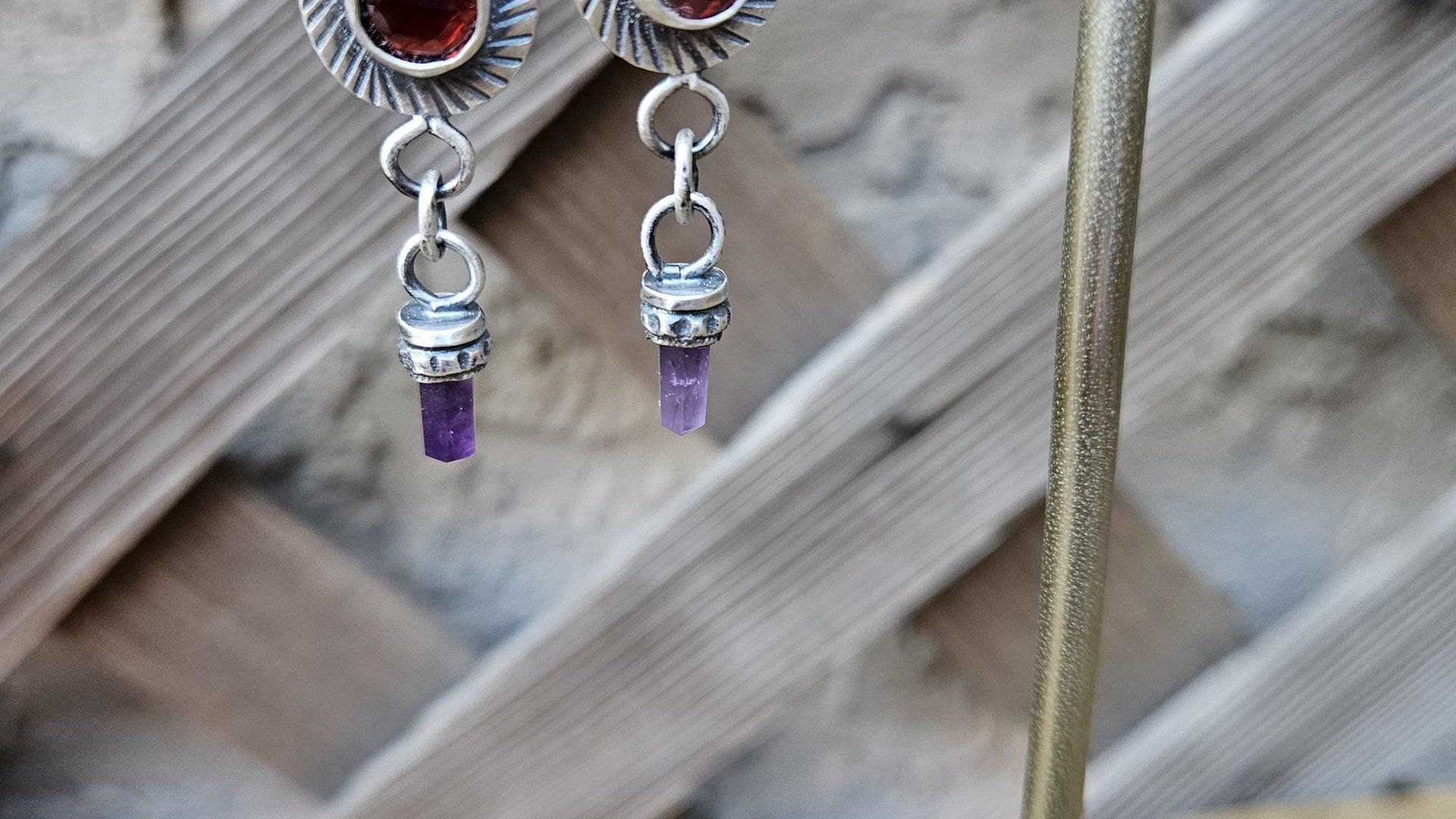 Deep Red Rosecut Garnet Tiny Amethyst Quartz Crystal Point Stamped Sterling Silver Multi Stone Dangle Earrings