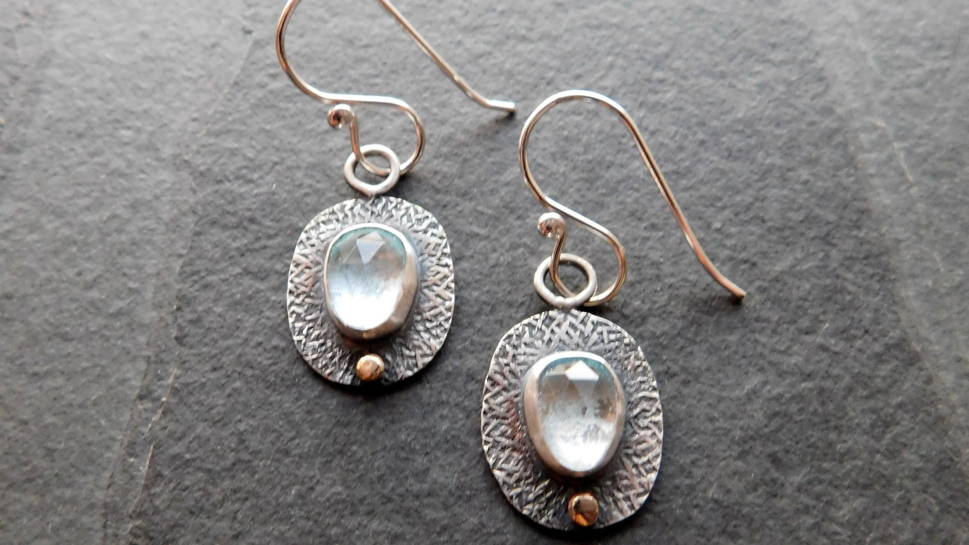 Pale Blue Aquamarine Textured Sterling Silver 14K Gold Lightweight Everyday Dangle Earrings