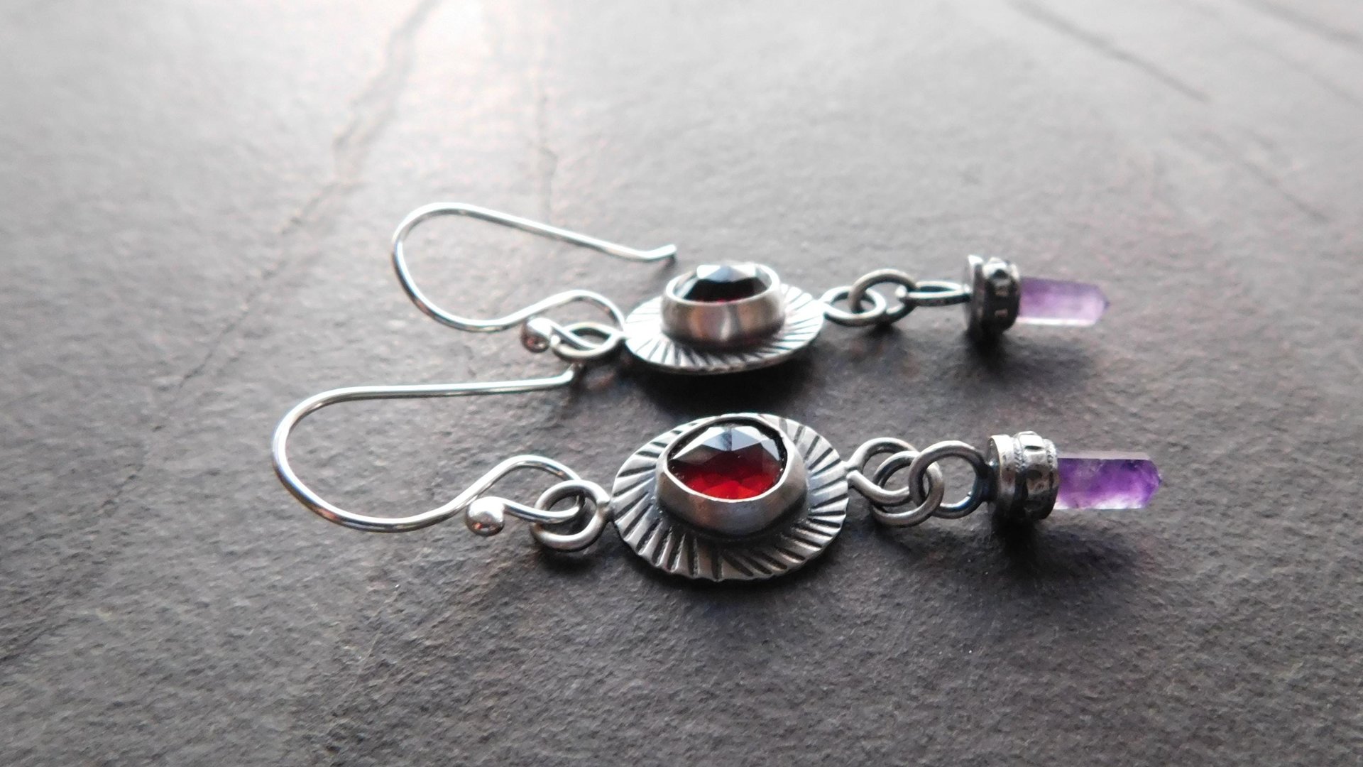 Deep Red Rosecut Garnet Tiny Amethyst Quartz Crystal Point Stamped Sterling Silver Multi Stone Dangle Earrings