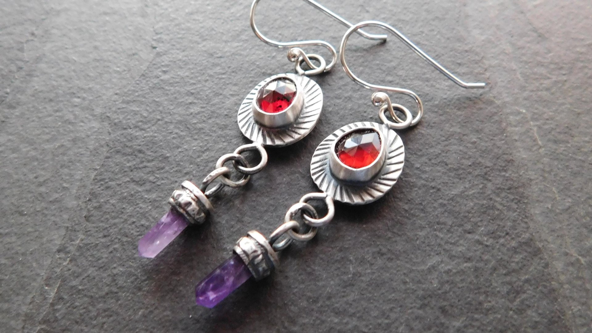 Deep Red Rosecut Garnet Tiny Amethyst Quartz Crystal Point Stamped Sterling Silver Multi Stone Dangle Earrings