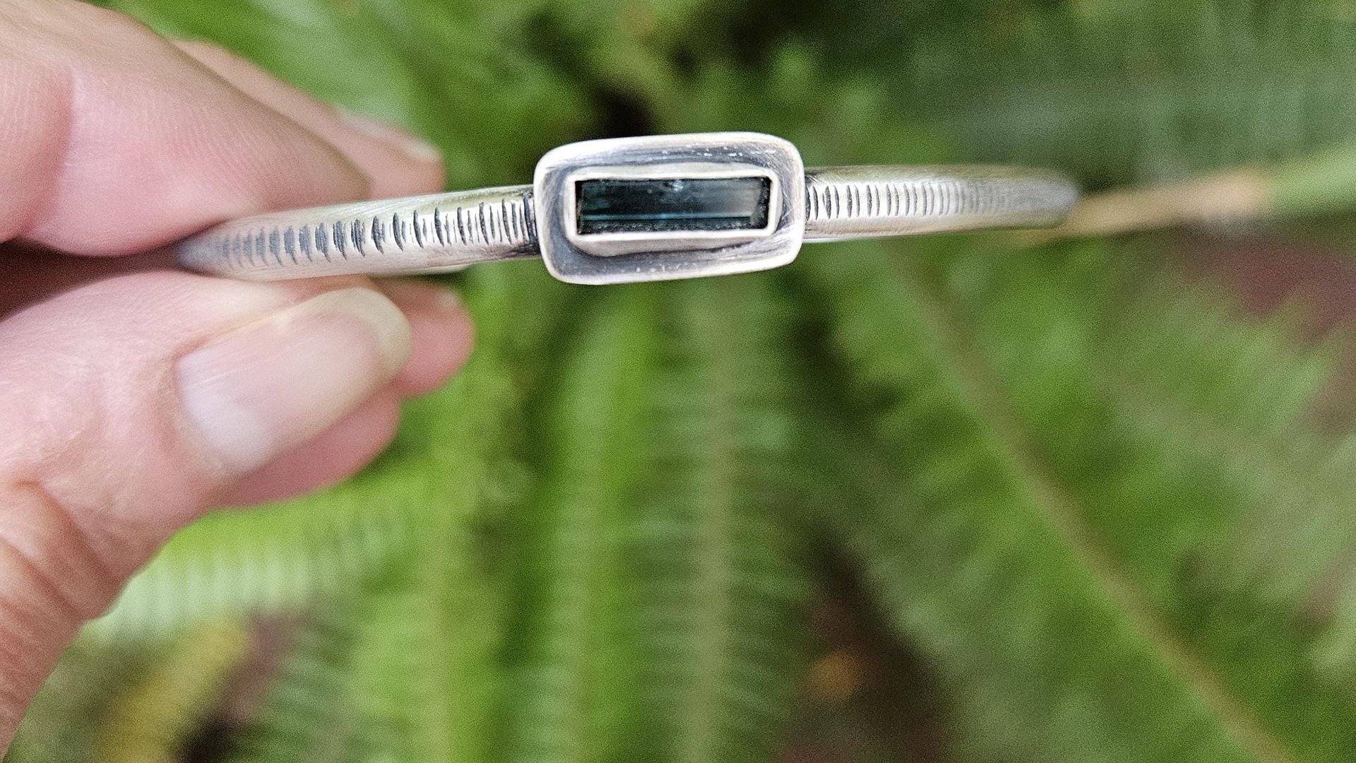 Deep Teal Indicolite Tourmaline Raw Crystal Textured Line Sterling Silver Skinny Stacking Cuff Bracelet