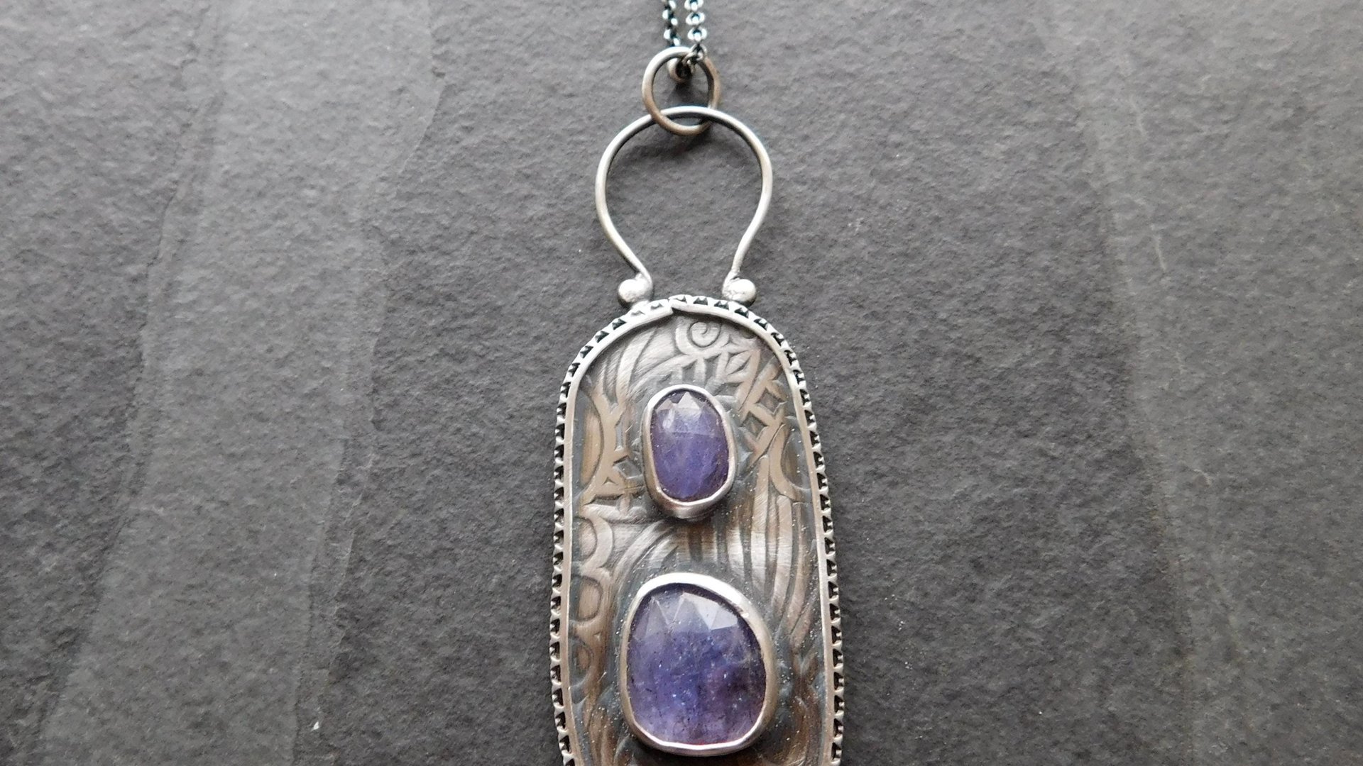 Tanzanite Multi Stone Patterned Sterling Silver Pendant Necklace