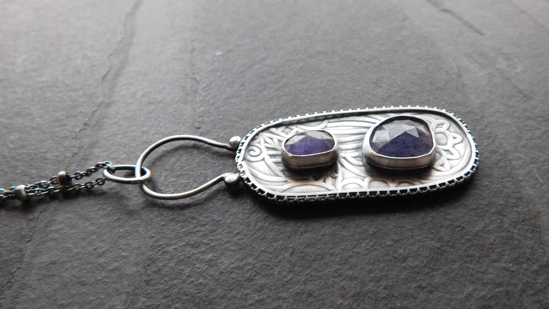 Tanzanite Multi Stone Patterned Sterling Silver Pendant Necklace