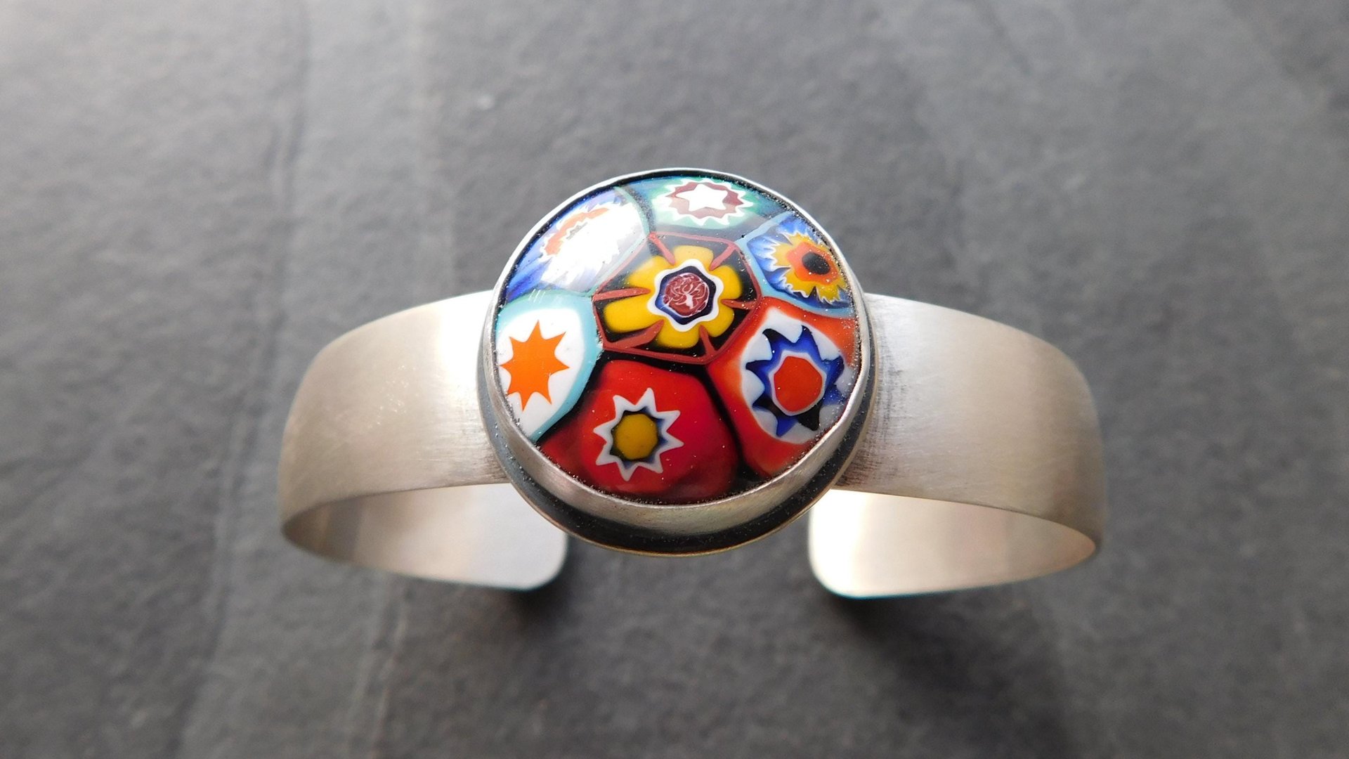 Primary Colors Vintage Millefiori Glass Oxidized Brushed Sterling Silver Cuff Bracelet