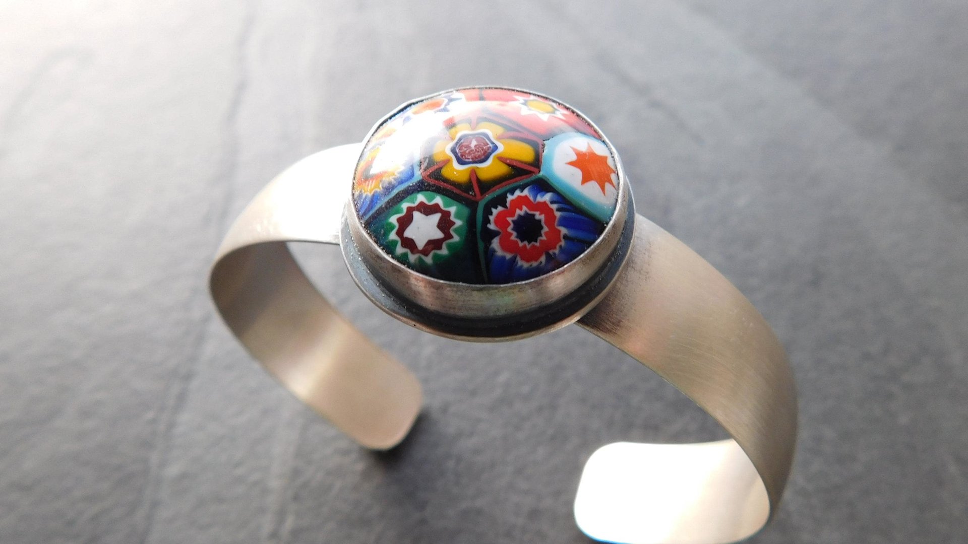 Primary Colors Vintage Millefiori Glass Oxidized Brushed Sterling Silver Cuff Bracelet