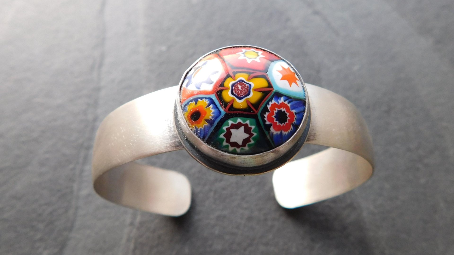 Primary Colors Vintage Millefiori Glass Oxidized Brushed Sterling Silver Cuff Bracelet