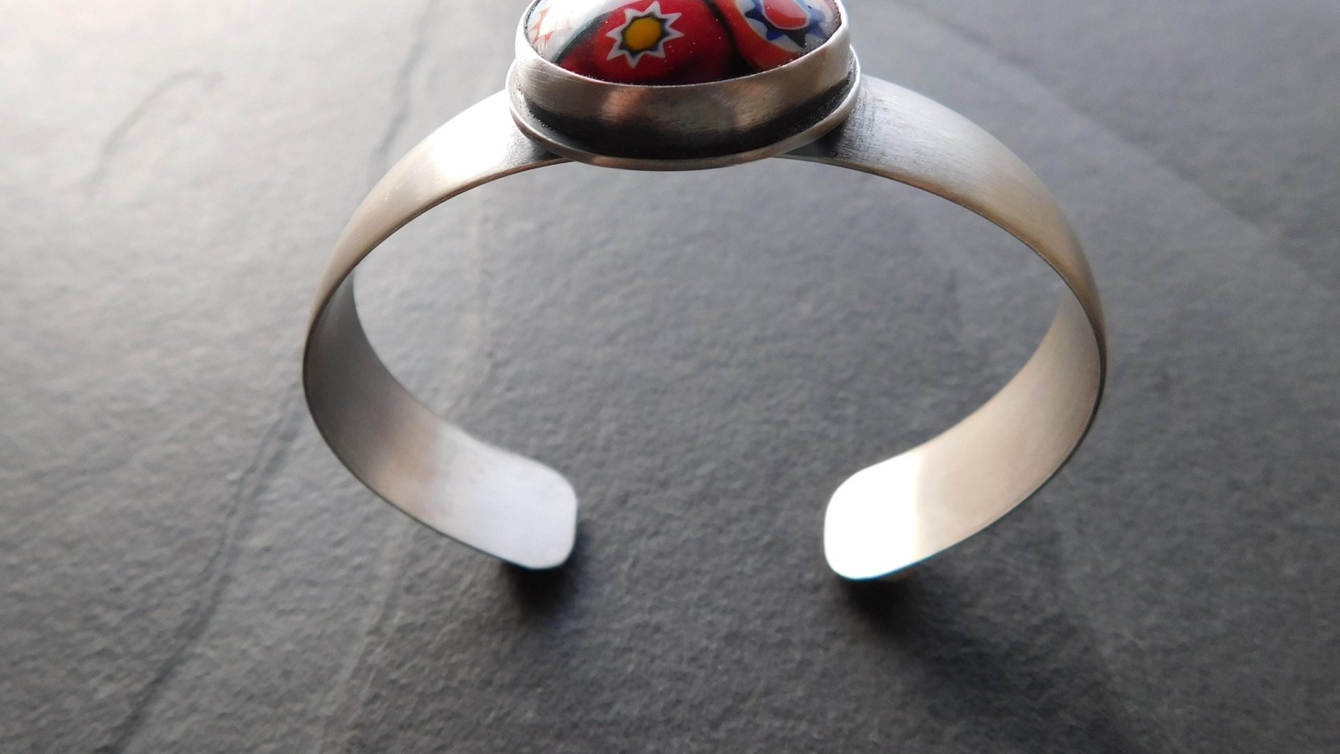 Primary Colors Vintage Millefiori Glass Oxidized Brushed Sterling Silver Cuff Bracelet