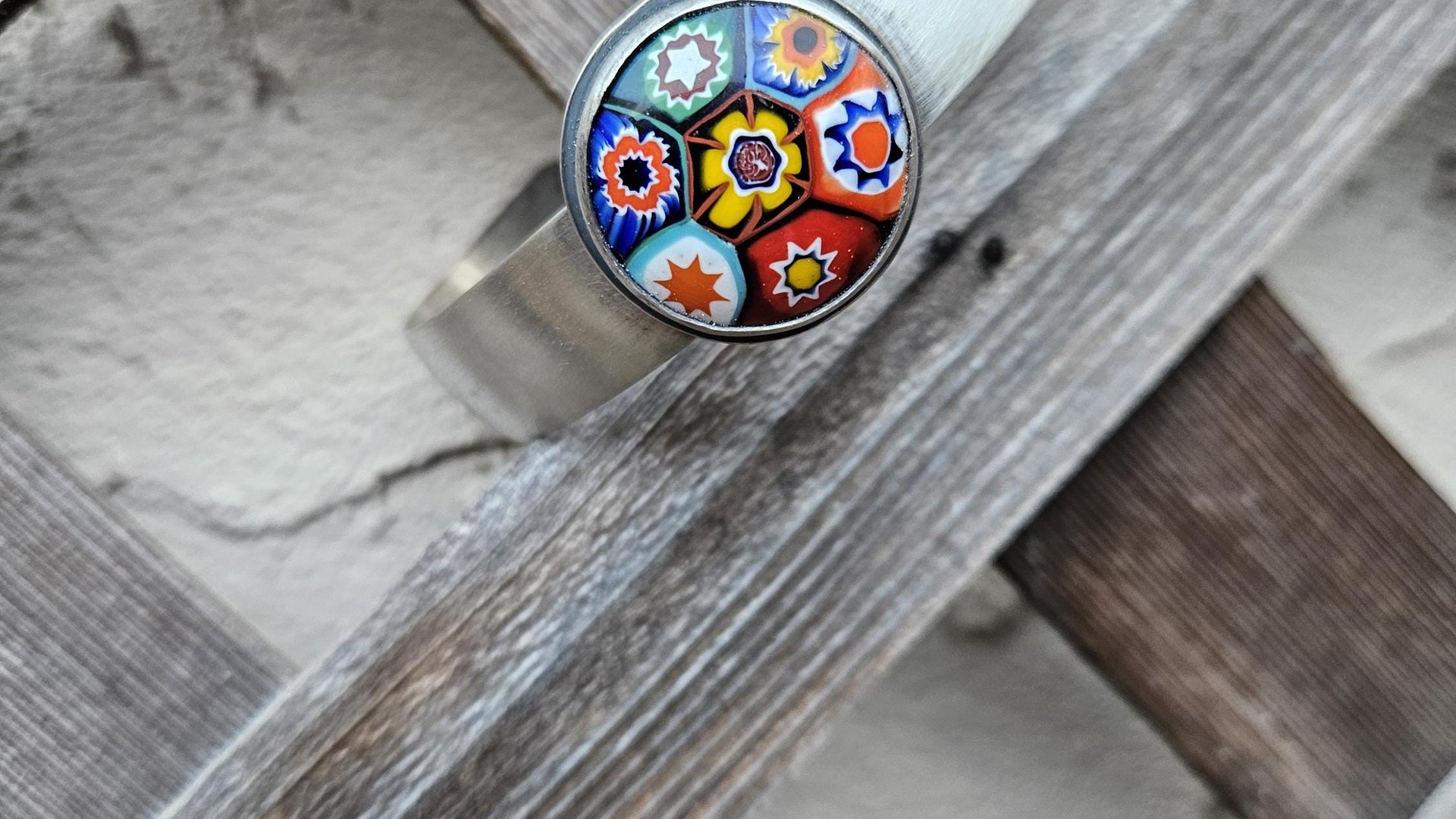 Primary Colors Vintage Millefiori Glass Oxidized Brushed Sterling Silver Cuff Bracelet