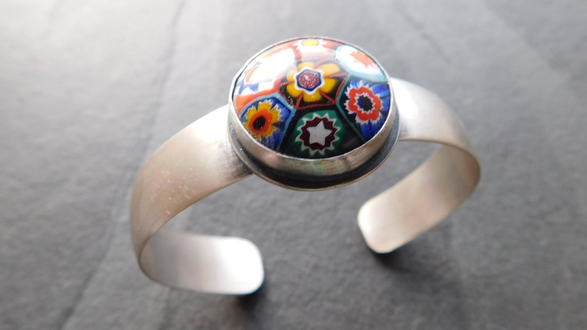 Primary Colors Vintage Millefiori Glass Oxidized Brushed Sterling Silver Cuff Bracelet