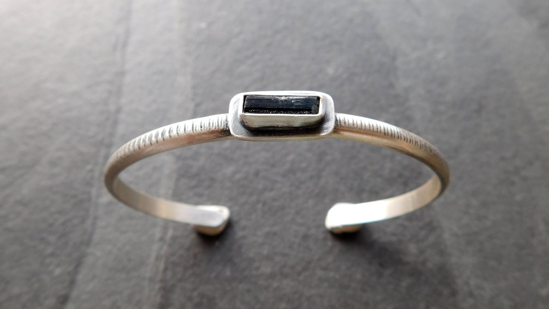 Deep Teal Indicolite Tourmaline Raw Crystal Textured Line Sterling Silver Skinny Stacking Cuff Bracelet
