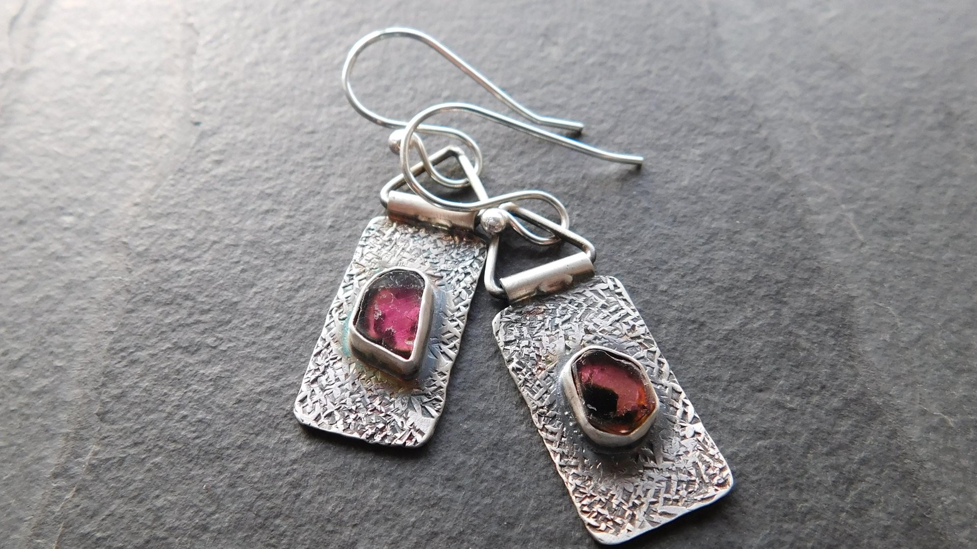 Deep Fuchsia Pink Tourmaline Slice Textured Sterling Silver Hinged Lightweight Everyday Dangle Earrings
