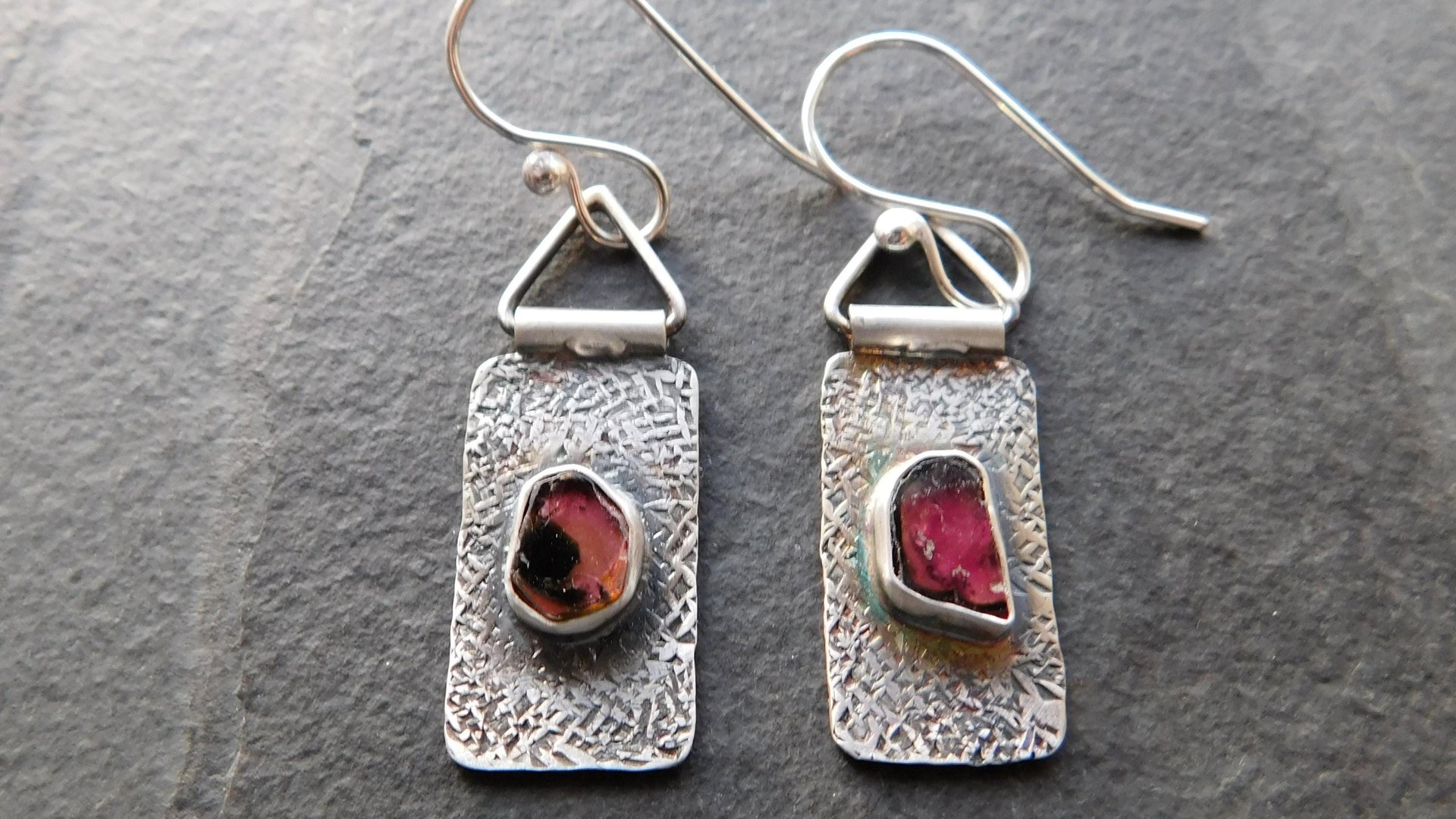 Deep Fuchsia Pink Tourmaline Slice Textured Sterling Silver Hinged Lightweight Everyday Dangle Earrings