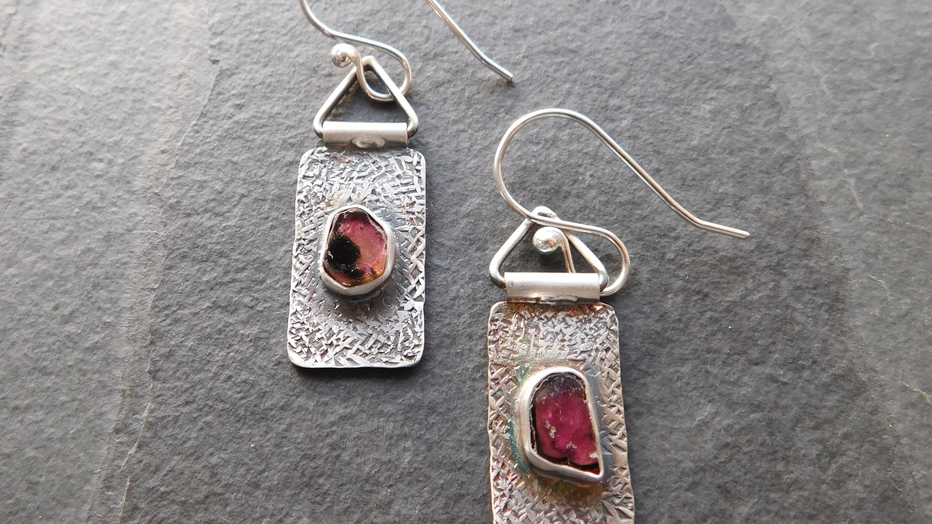 Deep Fuchsia Pink Tourmaline Slice Textured Sterling Silver Hinged Lightweight Everyday Dangle Earrings