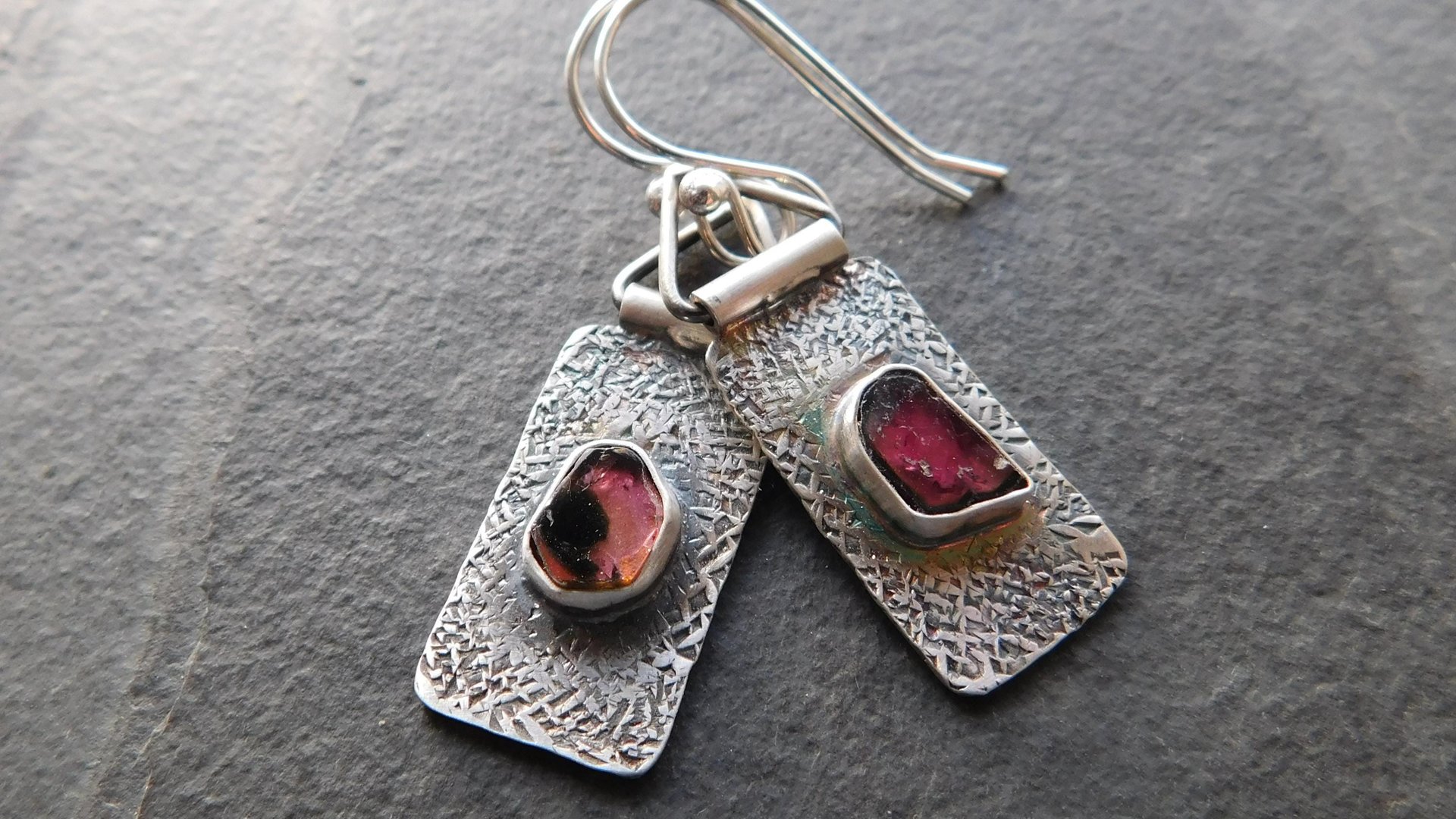 Deep Fuchsia Pink Tourmaline Slice Textured Sterling Silver Hinged Lightweight Everyday Dangle Earrings