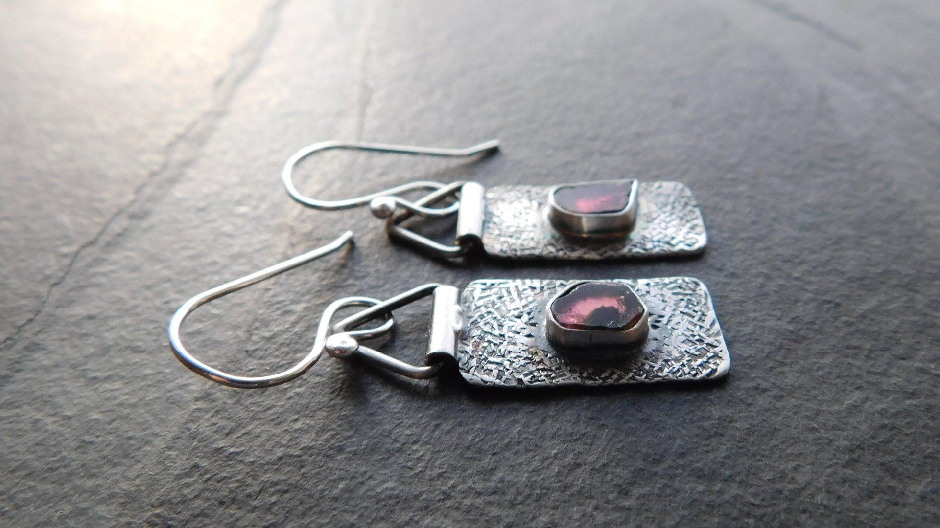 Deep Fuchsia Pink Tourmaline Slice Textured Sterling Silver Hinged Lightweight Everyday Dangle Earrings