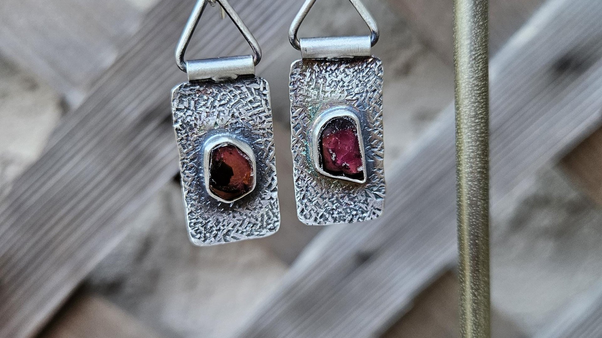 Deep Fuchsia Pink Tourmaline Slice Textured Sterling Silver Hinged Lightweight Everyday Dangle Earrings