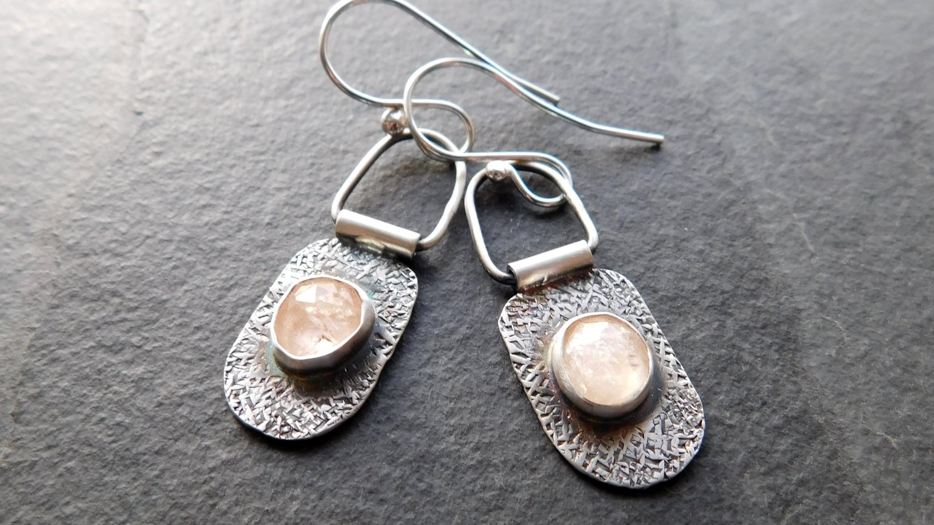 Champagne Rosecut Morganite Textured Sterling Silver Hinged Lightweight Everyday Dangle Earrings
