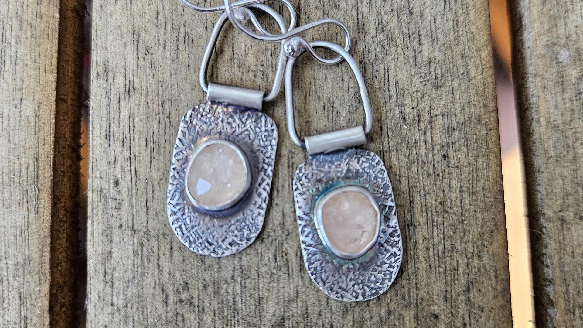 Champagne Rosecut Morganite Textured Sterling Silver Hinged Lightweight Everyday Dangle Earrings