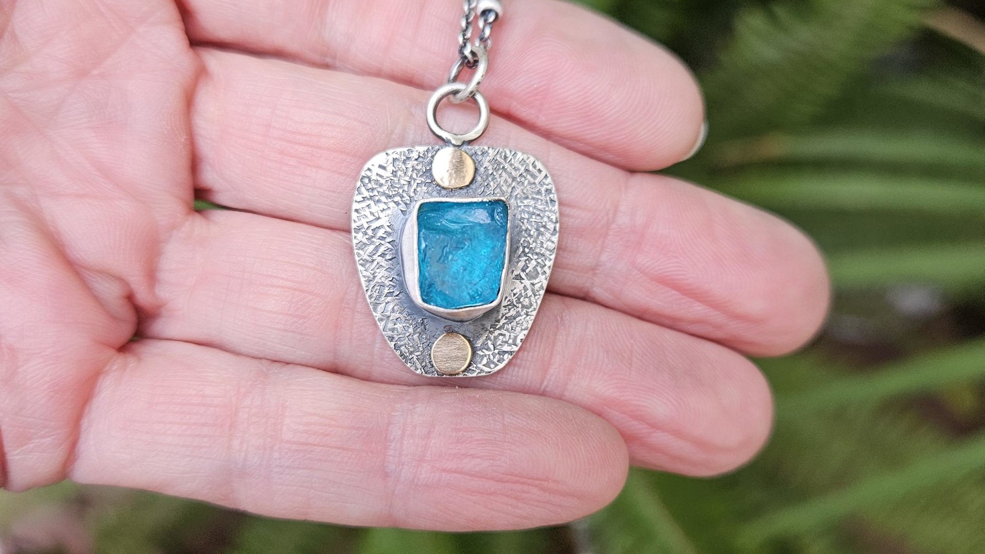 Neon Blue Apatite Raw Mineral Natural Crystal Textured Sterling Silver 14K Gold Accent Pendant Necklace