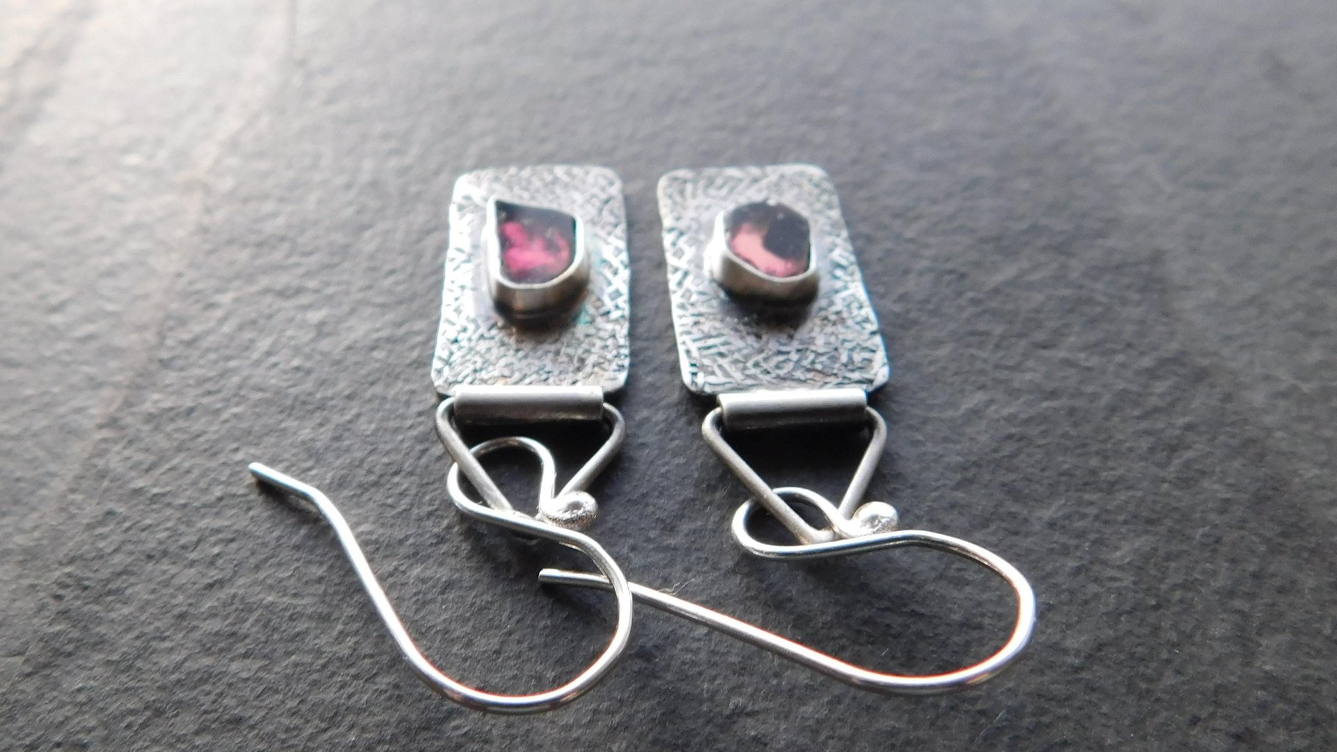 Deep Fuchsia Pink Tourmaline Slice Textured Sterling Silver Hinged Lightweight Everyday Dangle Earrings