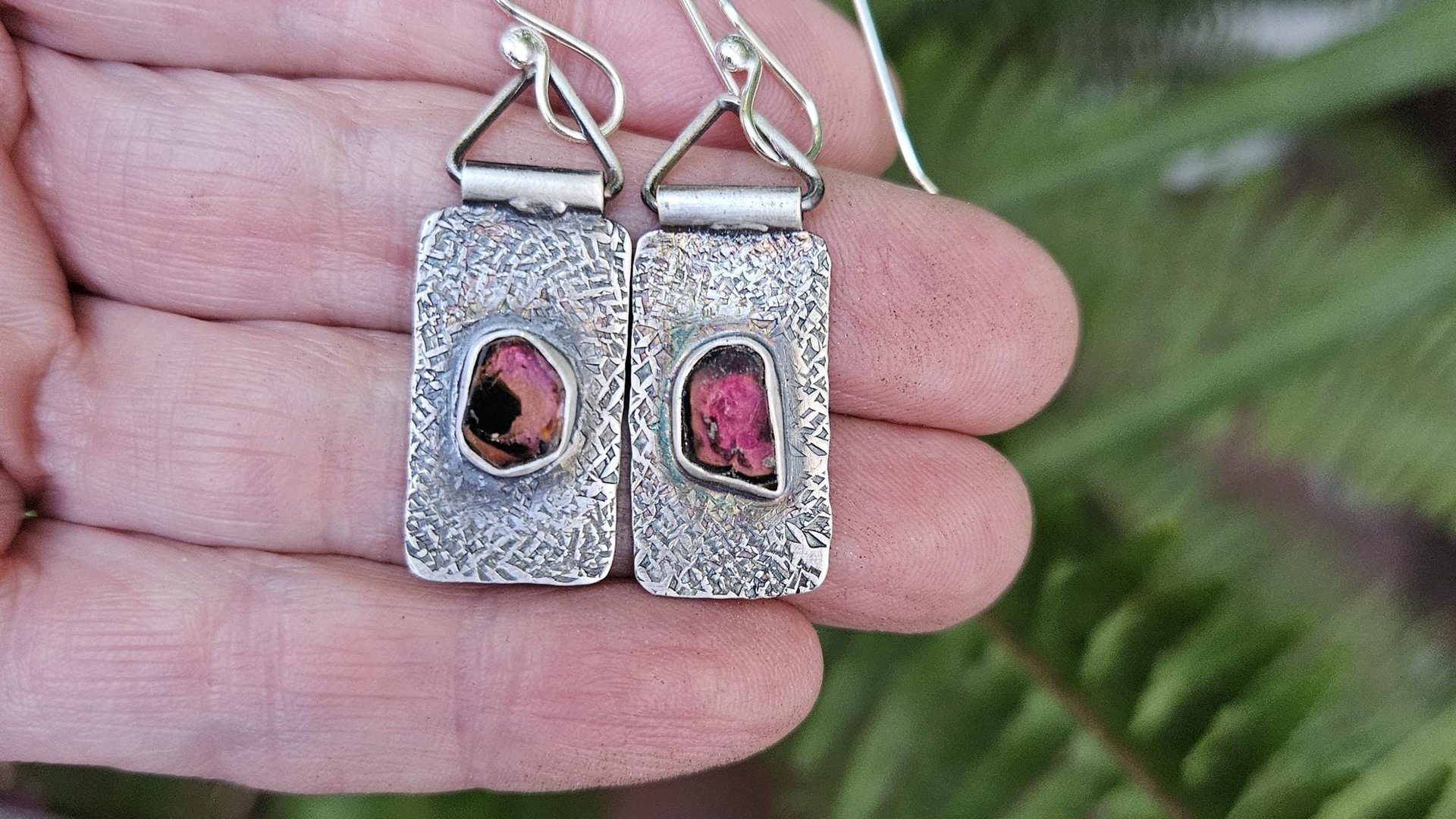 Deep Fuchsia Pink Tourmaline Slice Textured Sterling Silver Hinged Lightweight Everyday Dangle Earrings