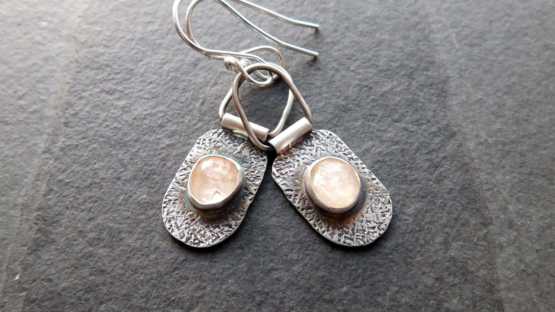Champagne Rosecut Morganite Textured Sterling Silver Hinged Lightweight Everyday Dangle Earrings